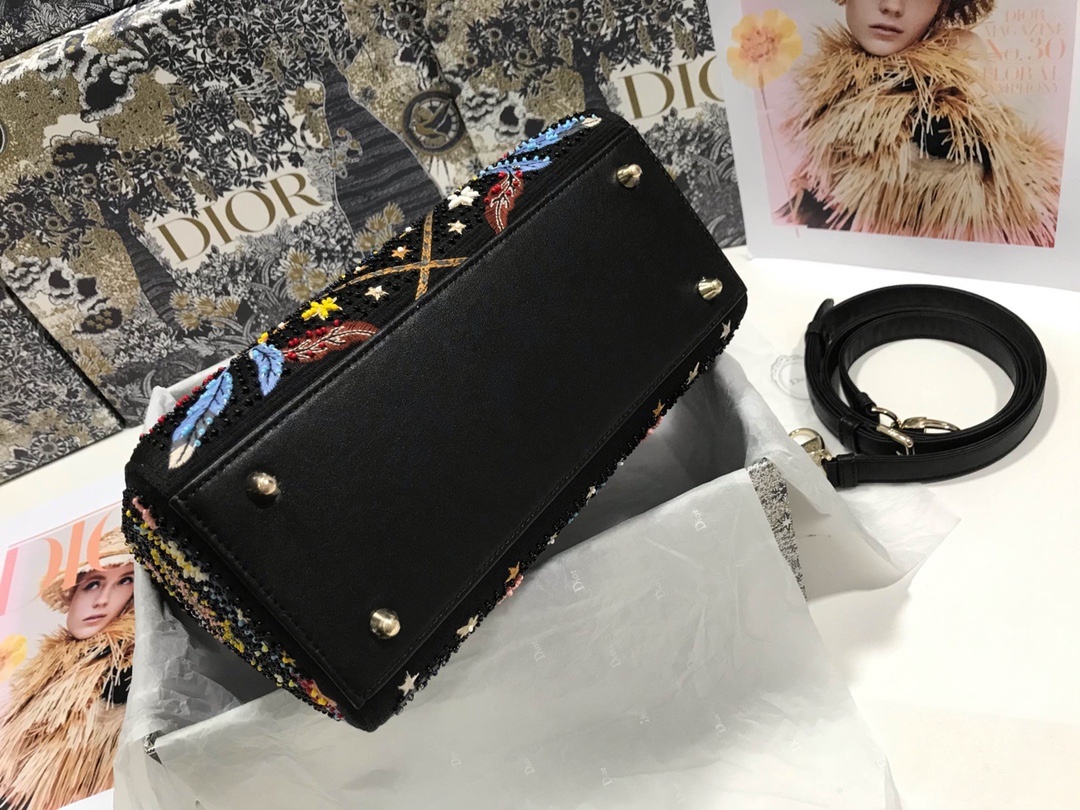 Christian Dior Medium Lady Dior Bag Gold Toned Hardware Multicolor Black For Women 9.5in/24cm CD