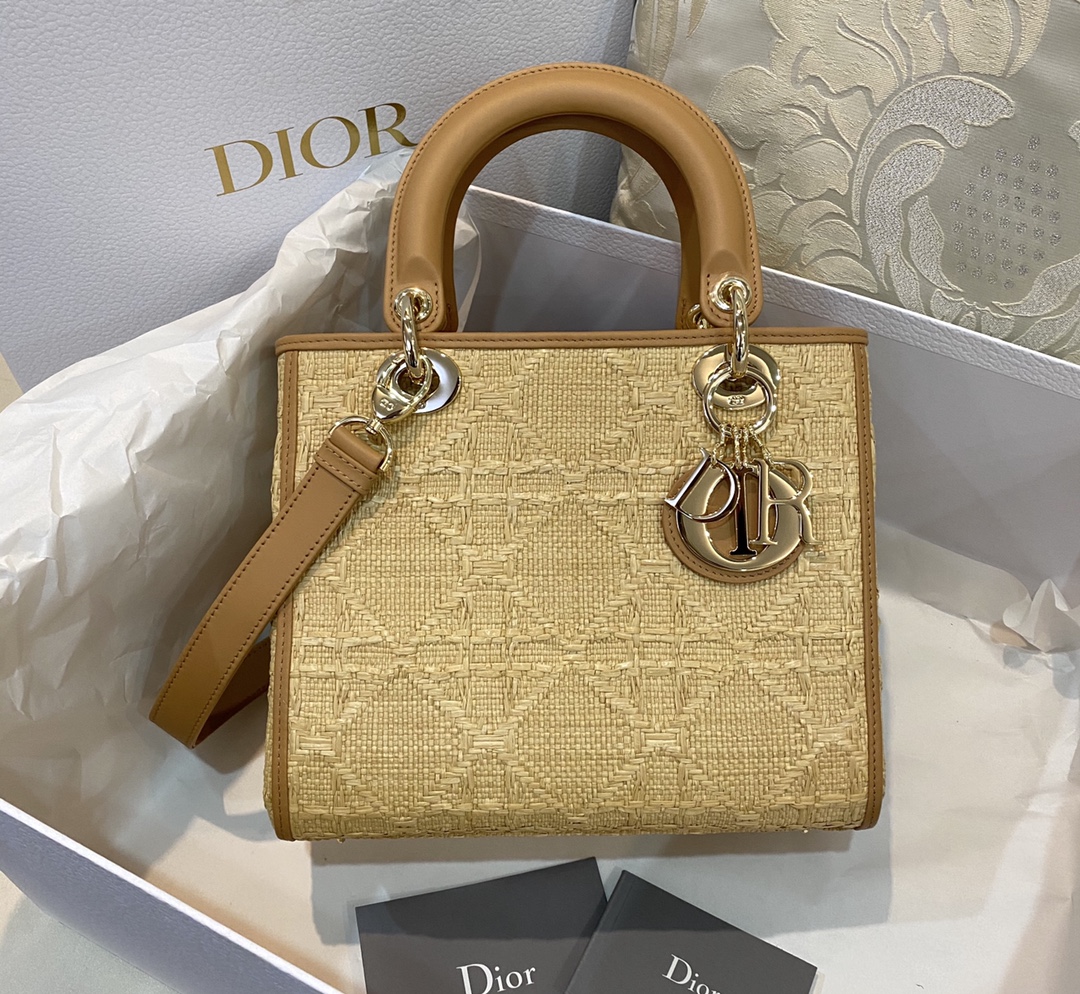 Christian Dior Medium Lady Dior Bag Natural Cannage Raffia, Brown, For Women Women’s Handbags, 24cm CDOMBD_