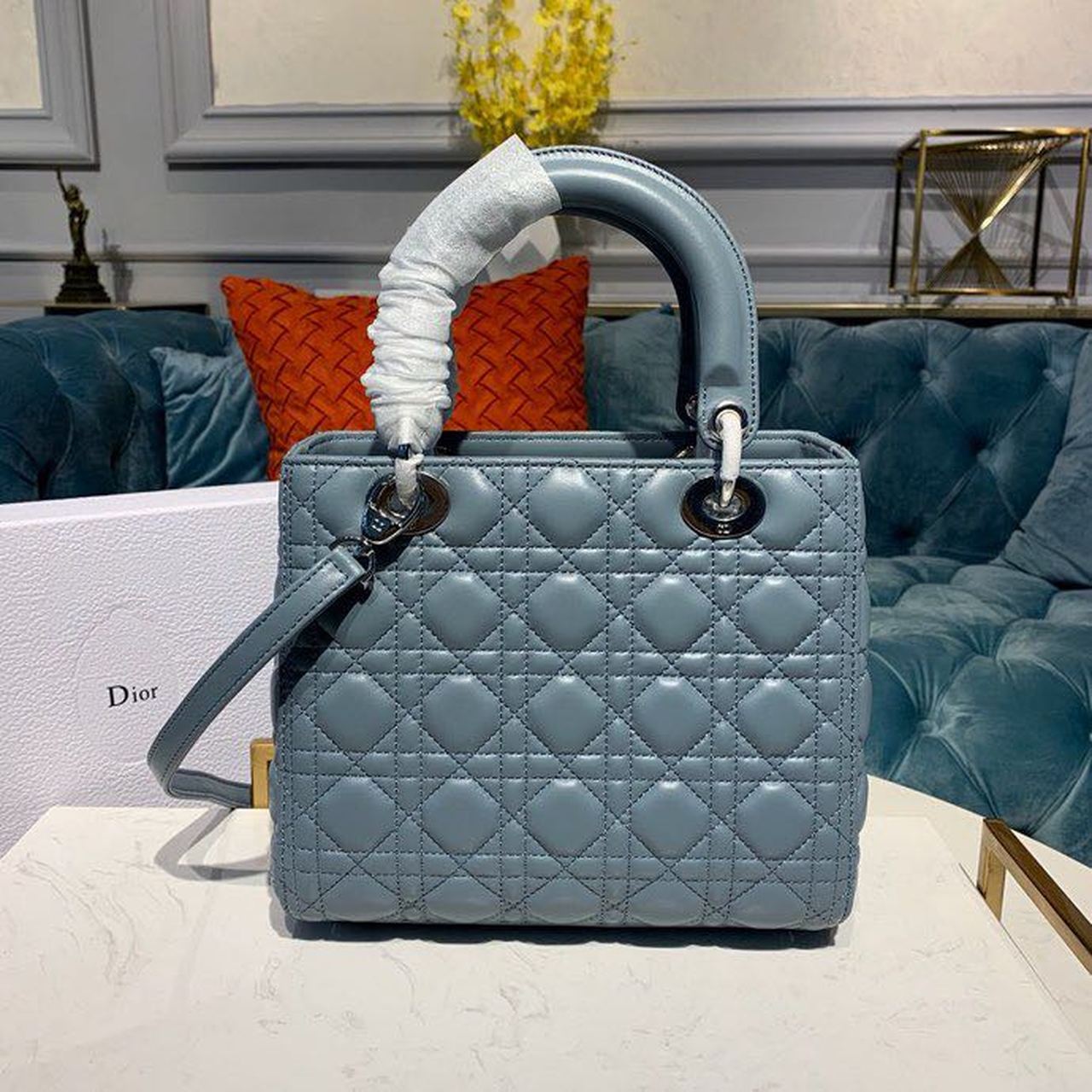 Christian Dior Medium Lady Dior Bag Silver Hardware Cloud Blue For Women 9.5in/24cm CD