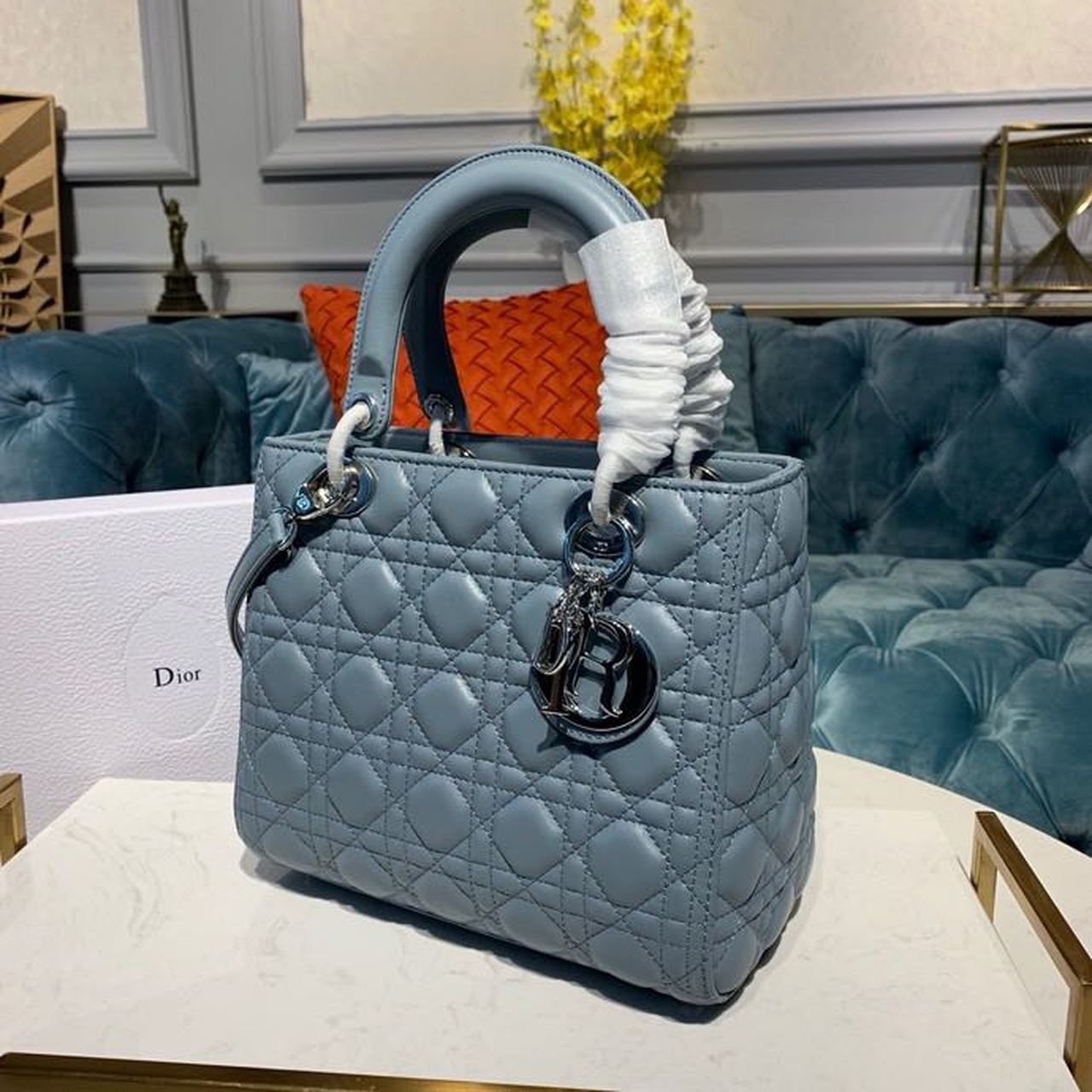 Christian Dior Medium Lady Dior Bag Silver Hardware Cloud Blue For Women 9.5in/24cm CD