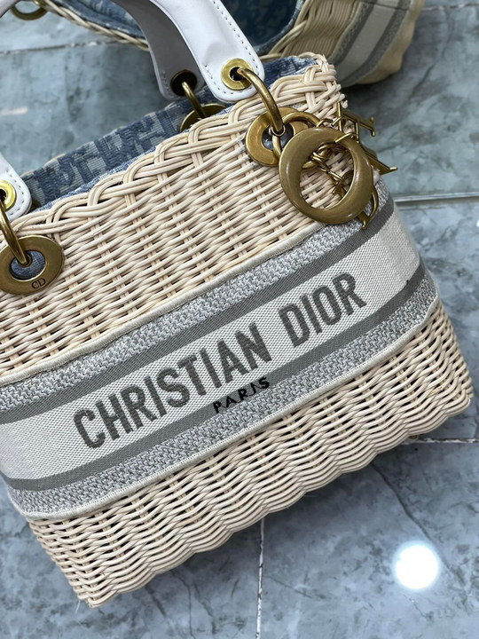 Christian Dior Medium Lady Natural Wicker and Blue Dior Oblique Jacquard Dior Bag, Blue, For Women Women’s Handbags, 24cm CDCMVO_