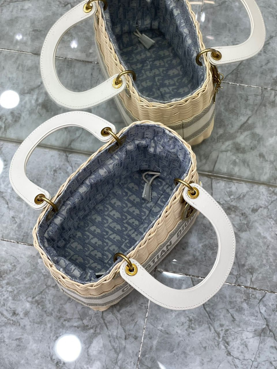 Christian Dior Medium Lady Natural Wicker and Blue Dior Oblique Jacquard Dior Bag, Blue, For Women Women’s Handbags, 24cm CDCMVO_