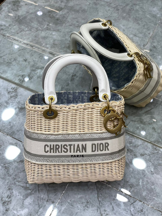 Christian Dior Medium Lady Natural Wicker and Blue Dior Oblique Jacquard Dior Bag, Blue, For Women Women’s Handbags, 24cm CDCMVO_