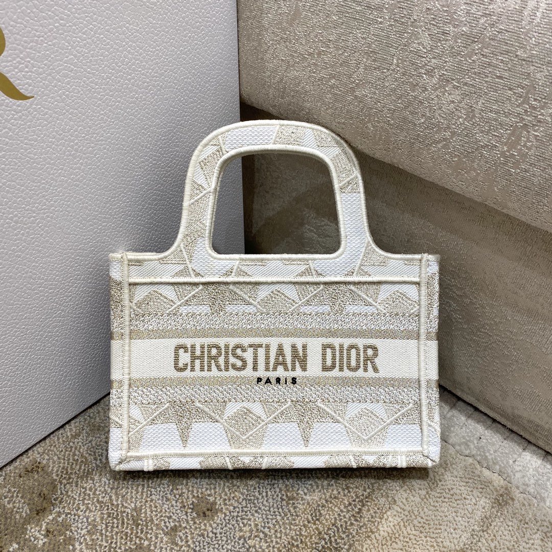 Christian Dior Mini Dior Book Tote Embroidery Stars Gold Dior Bag, Beige, For Women Women’s Handbags, 9in/23cm CD