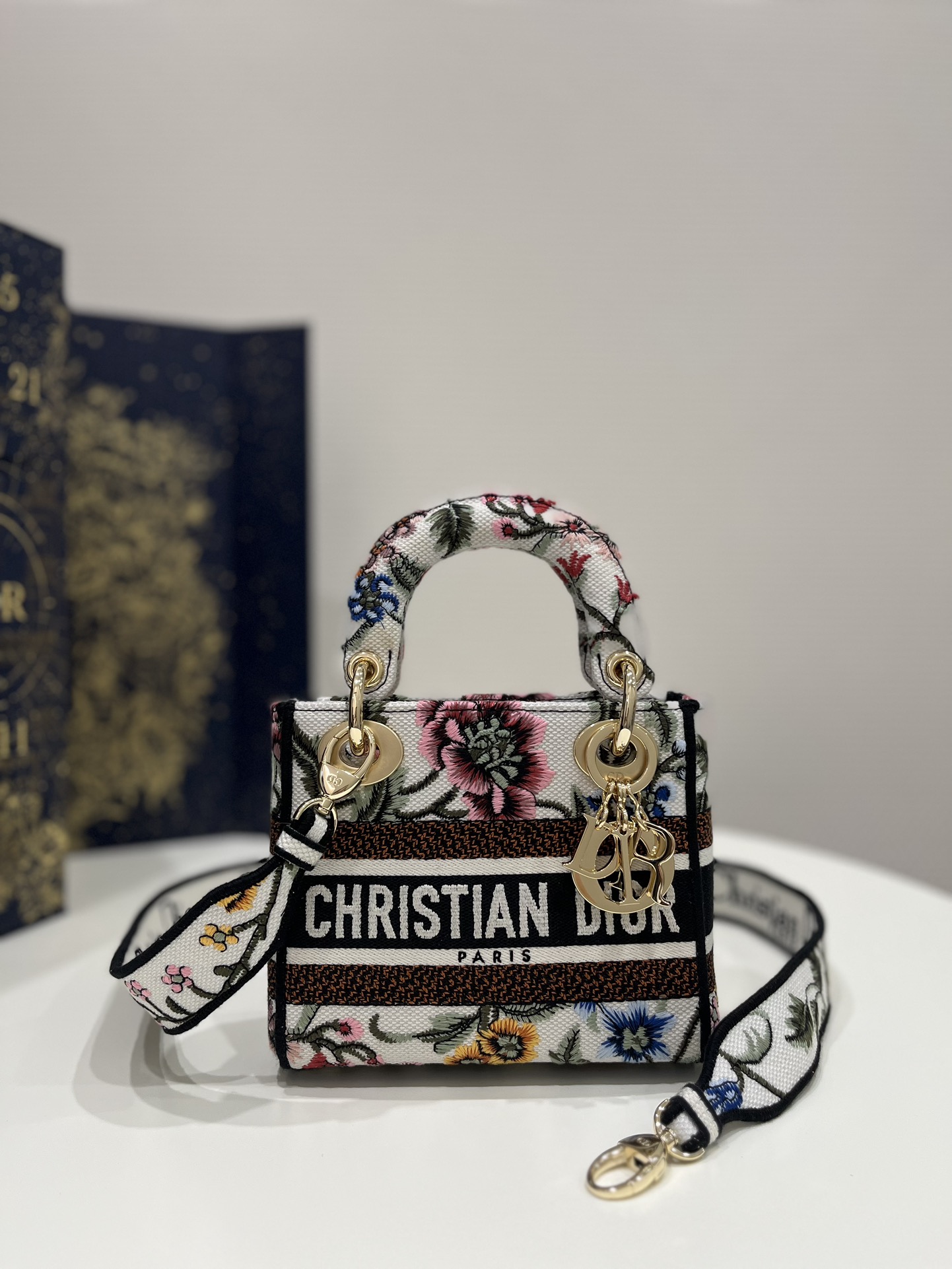 Christian Dior Mini Lady D-Lite Bag White/Black For Women 6.5in/17cm