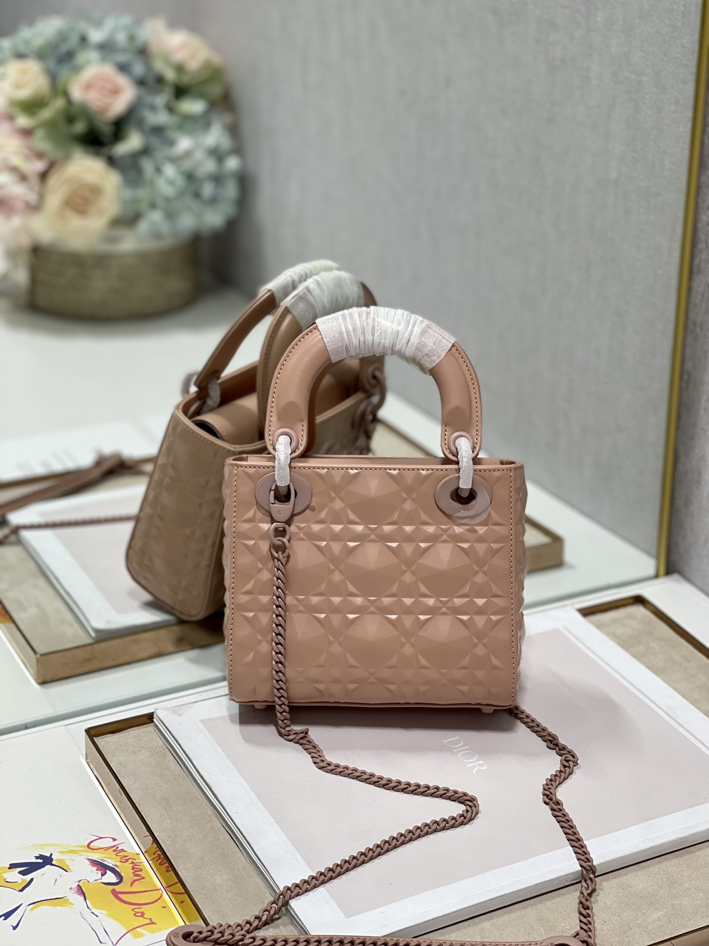 Christian Dior Mini Lady Dior Bag Cannage with Beaded Motif, Brown, For Women Women’s Handbags, Crossbody Bags, 18cm CD