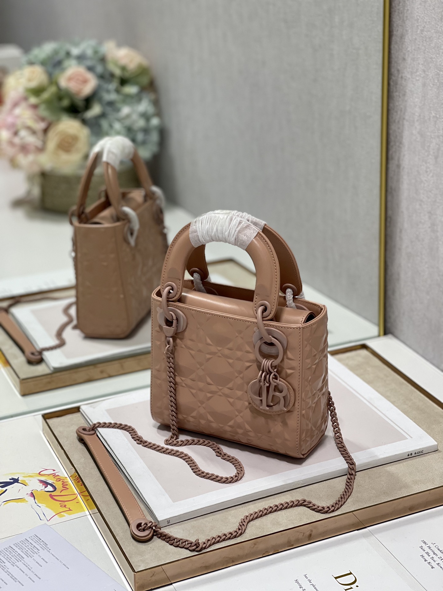 Christian Dior Mini Lady Dior Bag Cannage with Beaded Motif, Brown, For Women Women’s Handbags, Crossbody Bags, 18cm CD