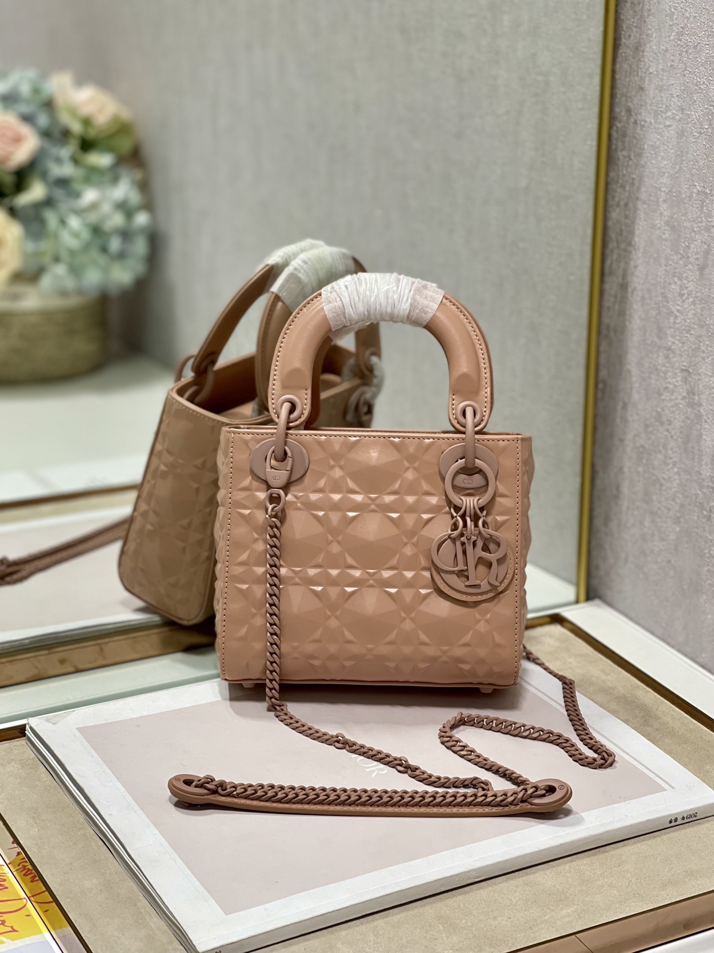 Christian Dior Mini Lady Dior Bag Cannage with Beaded Motif, Brown, For Women Women’s Handbags, Crossbody Bags, 18cm CD