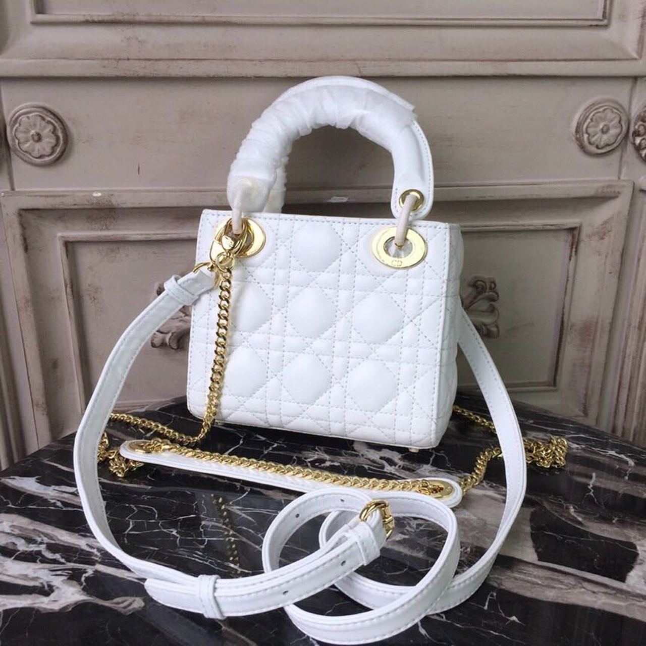 Christian Dior Mini Lady Dior Bag Gold Toned Hardware White For Women 18cm/7in CD