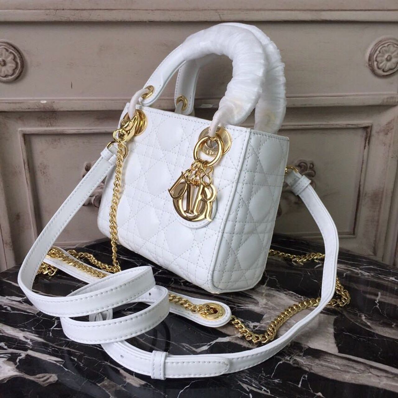 Christian Dior Mini Lady Dior Bag Gold Toned Hardware White For Women 18cm/7in CD