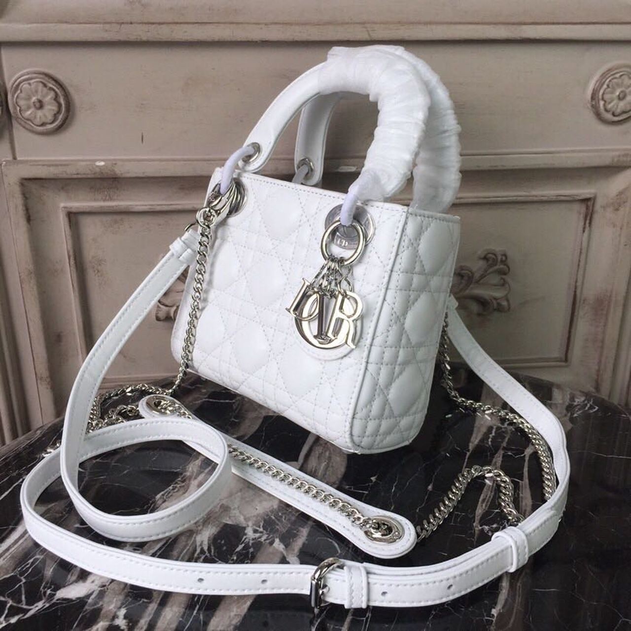 Christian Dior Mini Lady Dior Bag White Chain Silver Hardware For Women 17cm/6.5in CD