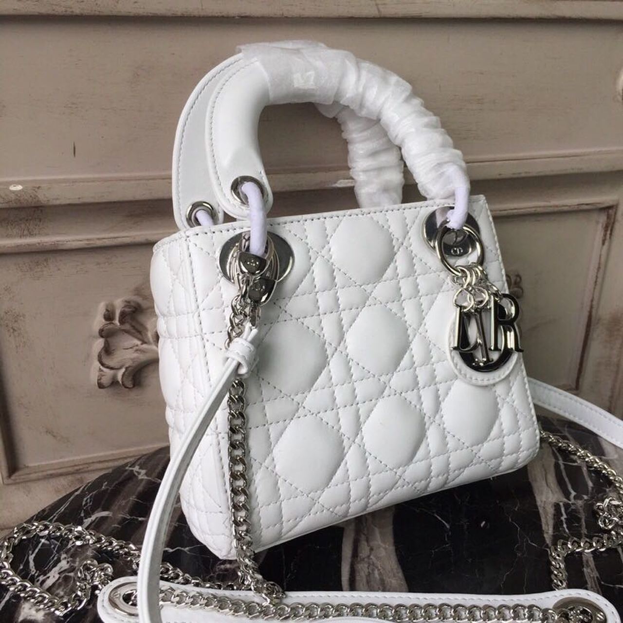 Christian Dior Mini Lady Dior Bag White Chain Silver Hardware For Women 17cm/6.5in CD