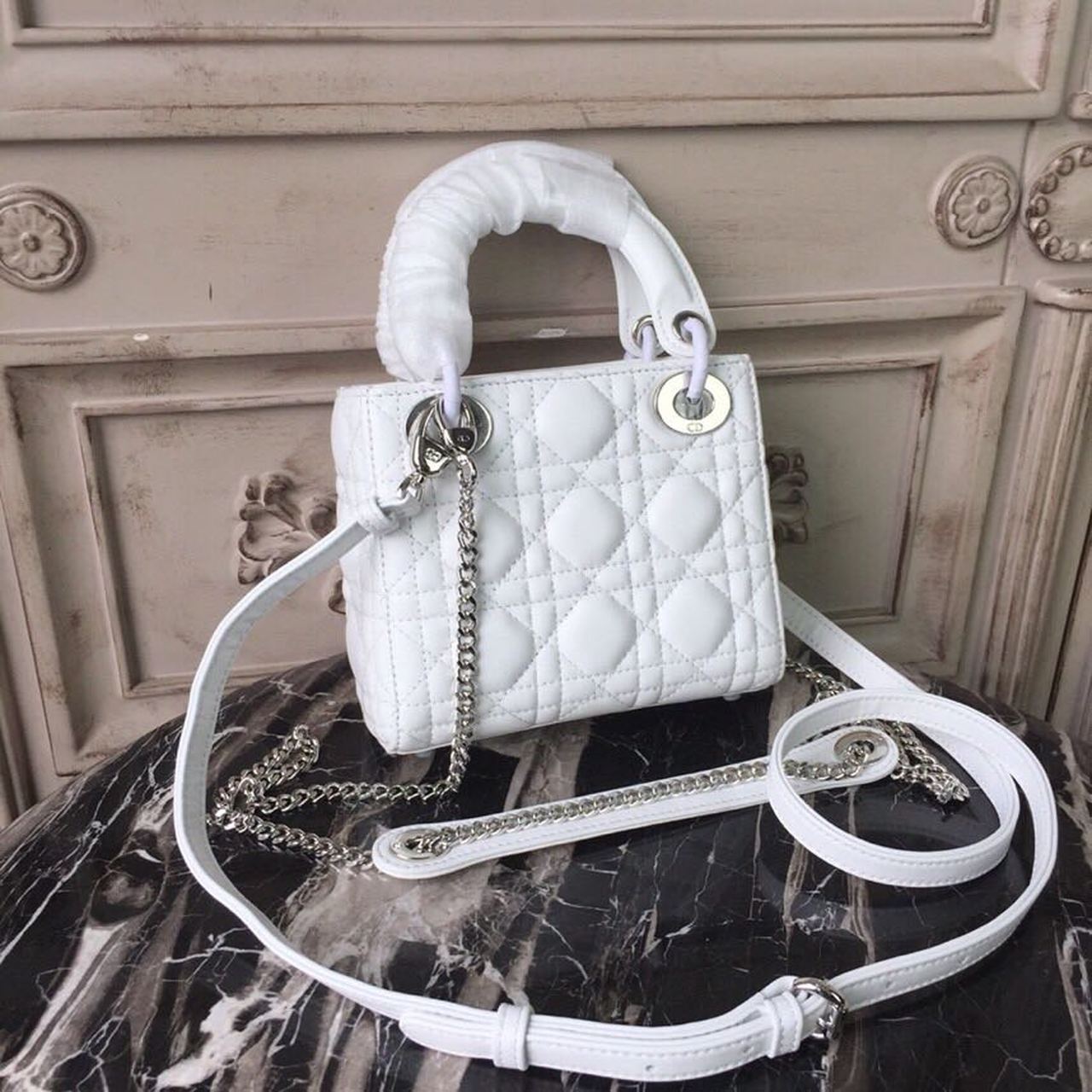 Christian Dior Mini Lady Dior Bag White Chain Silver Hardware For Women 17cm/6.5in CD