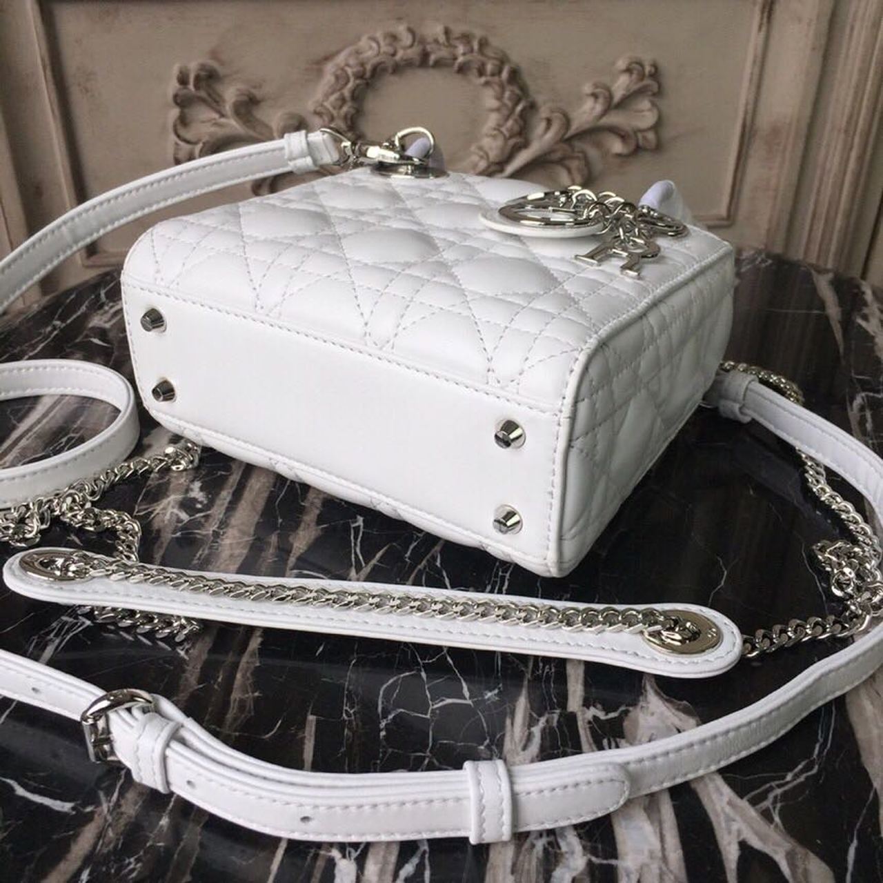 Christian Dior Mini Lady Dior Bag White Chain Silver Hardware For Women 17cm/6.5in CD