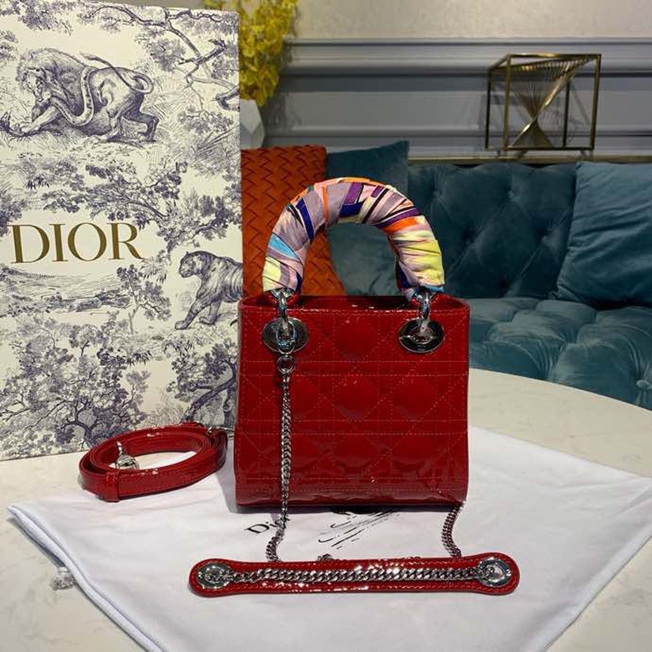 Christian Dior Mini Lady Dior Bag with Chain Silver Hardware Spring/Summer Collection, Red, For Women Women’s Handbags, 18cm CDOCAL_M52R