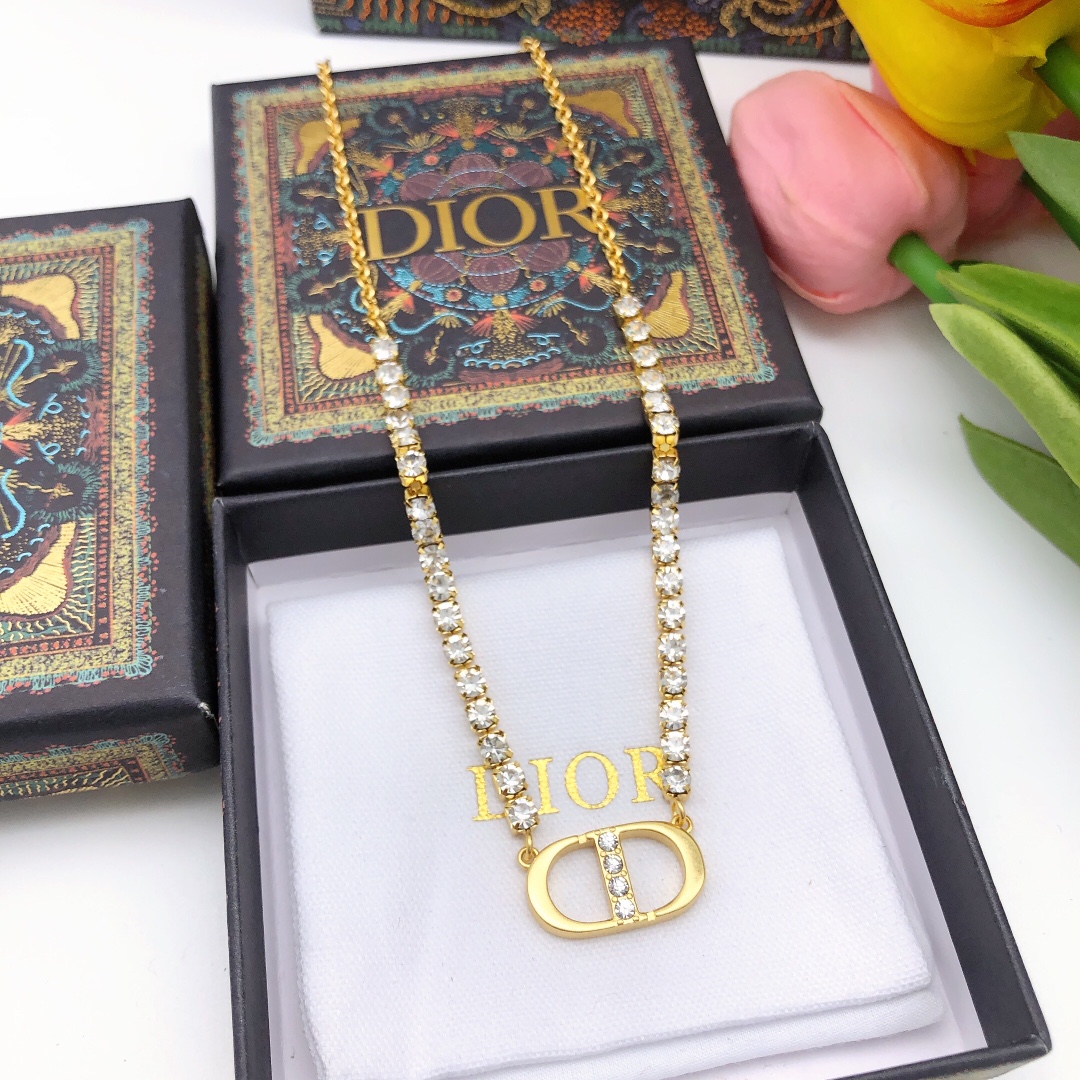 Christian Dior Necklace Engraved Storage Gold For Women