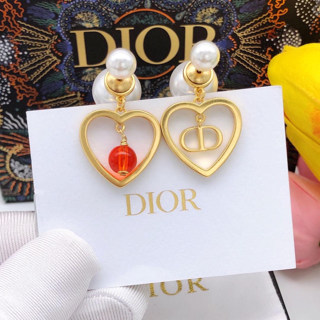 Christian Dior Pearl Heart Earrings Gold For Women