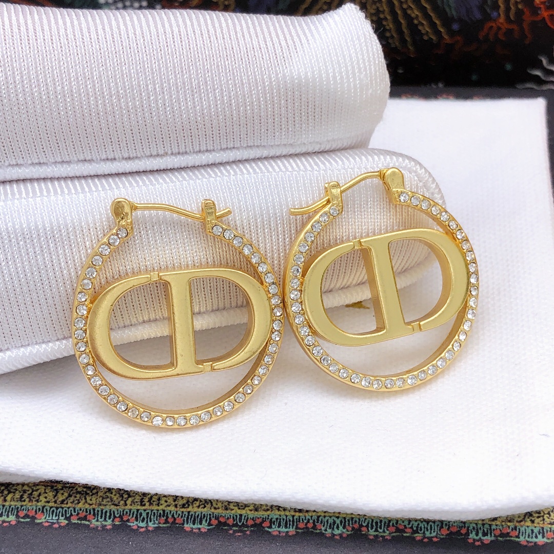 Christian Dior Rhinestone Glossy Earrings Gold For Women