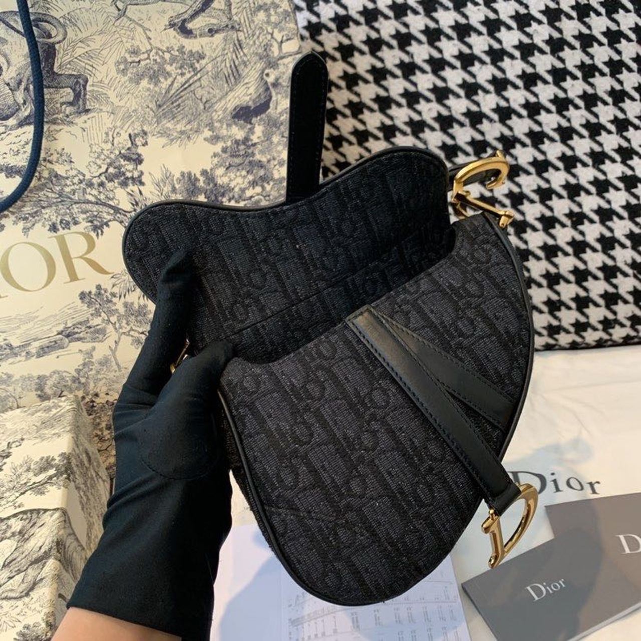 Christian Dior Saddle Bag Black Oblique Embroidered Canvas Gold Toned Hardware For Women 19.5cm/7.6in CD