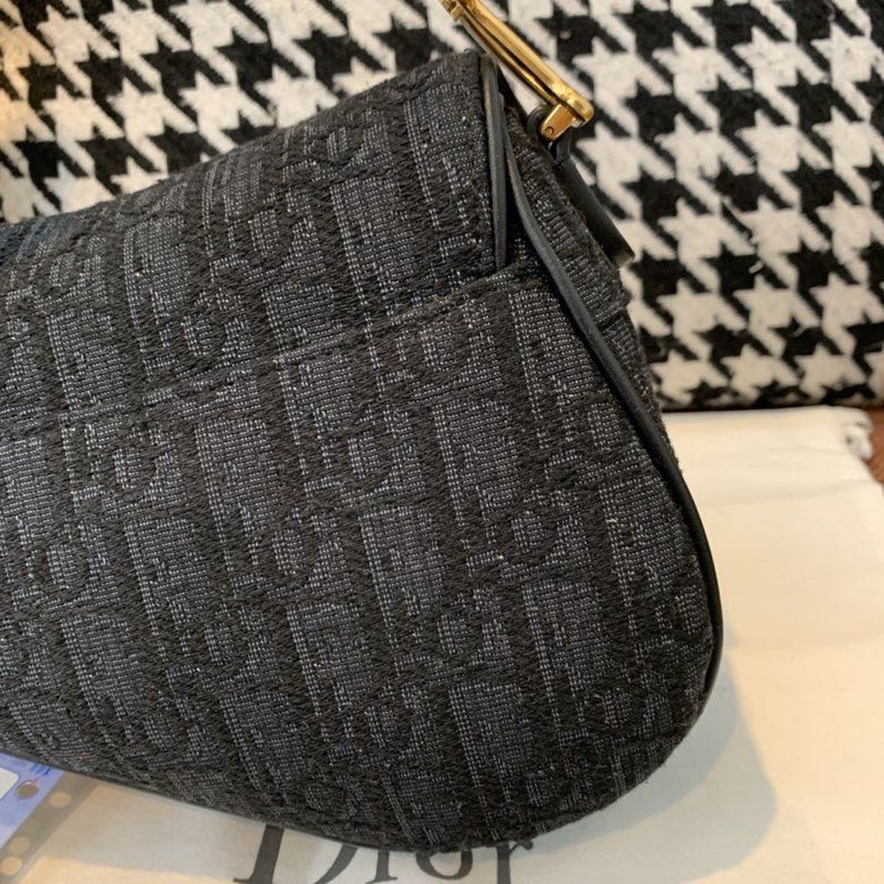 Christian Dior Saddle Bag Black Oblique Embroidered Canvas Gold Toned Hardware For Women 19.5cm/7.6in CD