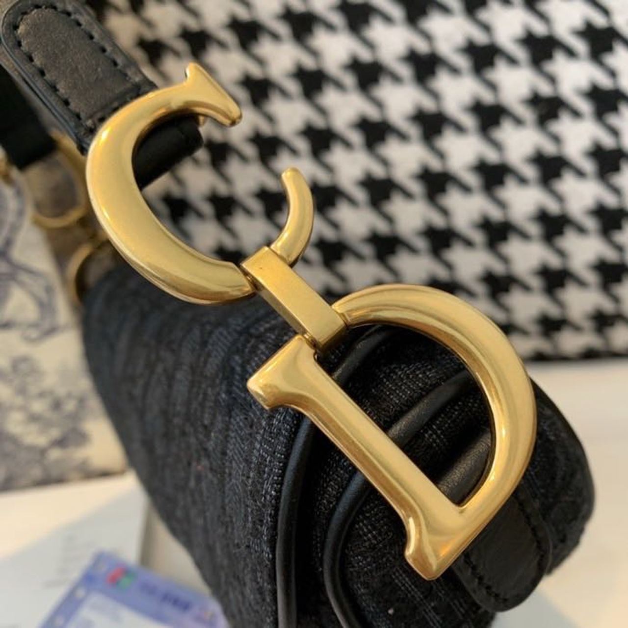 Christian Dior Saddle Bag Black Oblique Embroidered Canvas Gold Toned Hardware For Women 19.5cm/7.6in CD