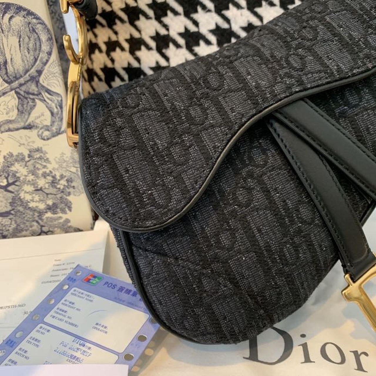 Christian Dior Saddle Bag Black Oblique Embroidered Canvas Gold Toned Hardware For Women 19.5cm/7.6in CD