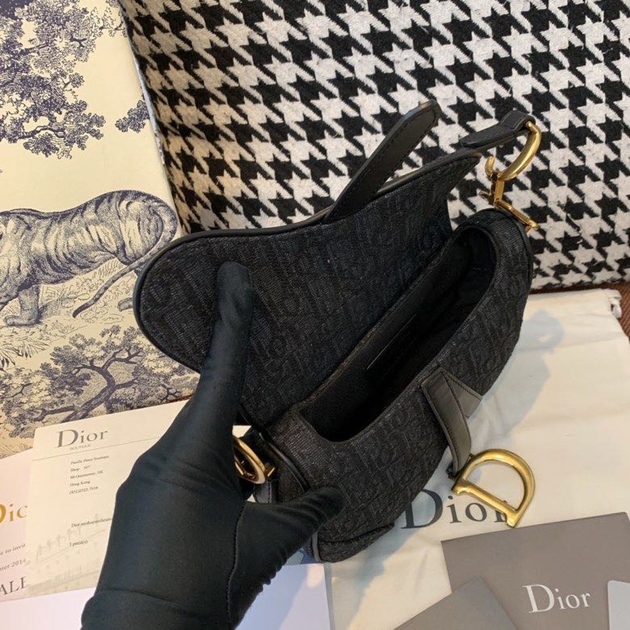 Christian Dior Saddle Bag Black Oblique Embroidered Canvas Gold Toned Hardware For Women 19.5cm/7.6in CD