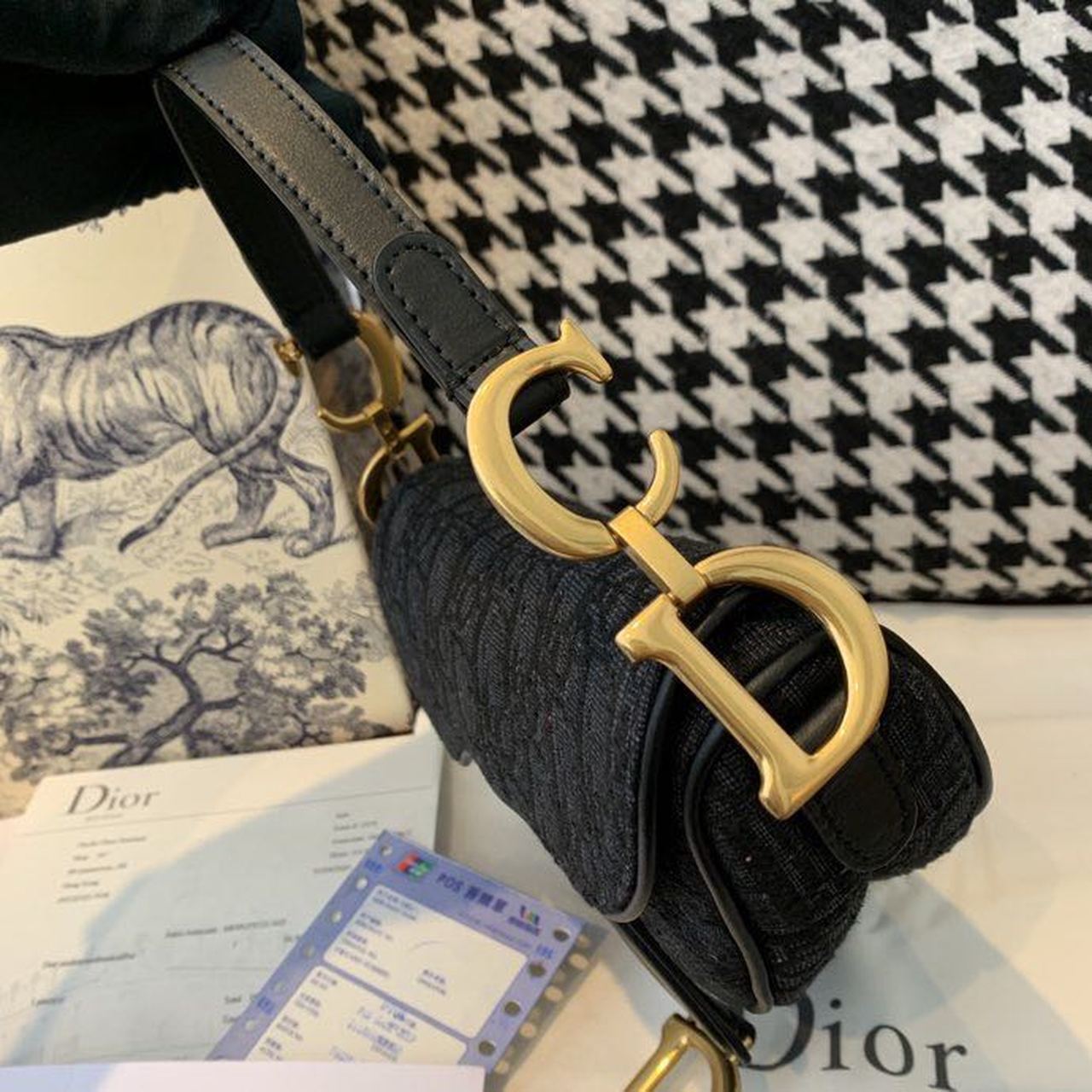 Christian Dior Saddle Bag Black Oblique Embroidered Canvas Gold Toned Hardware For Women 19.5cm/7.6in CD