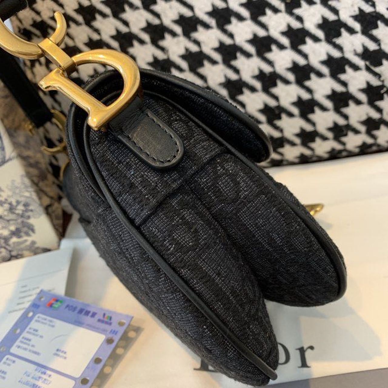 Christian Dior Saddle Bag Black Oblique Embroidered Canvas Gold Toned Hardware For Women 19.5cm/7.6in CD