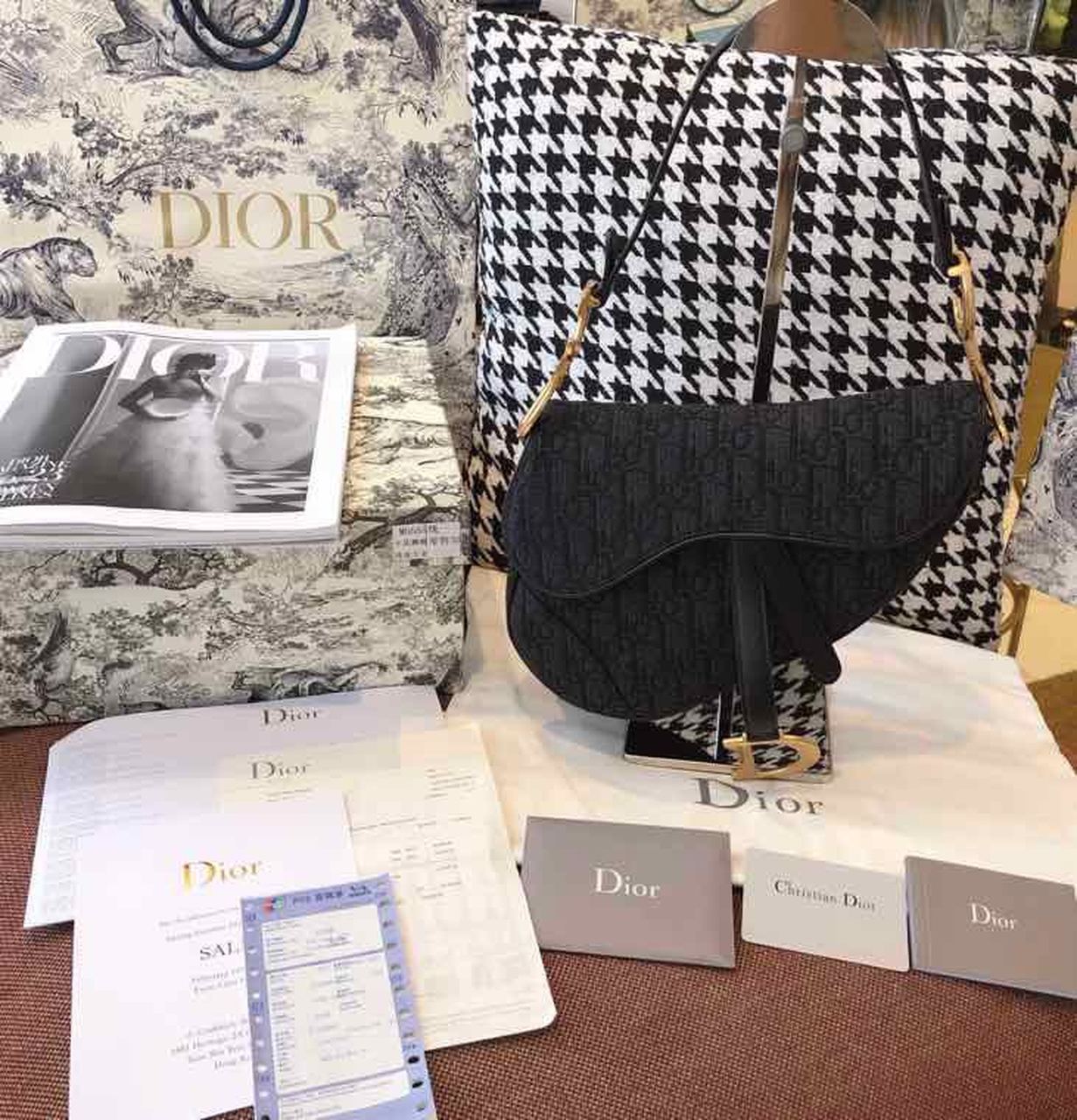 Christian Dior Saddle Bag Black Oblique Embroidered Canvas Gold Toned Hardware For Women 25cm/10in CD