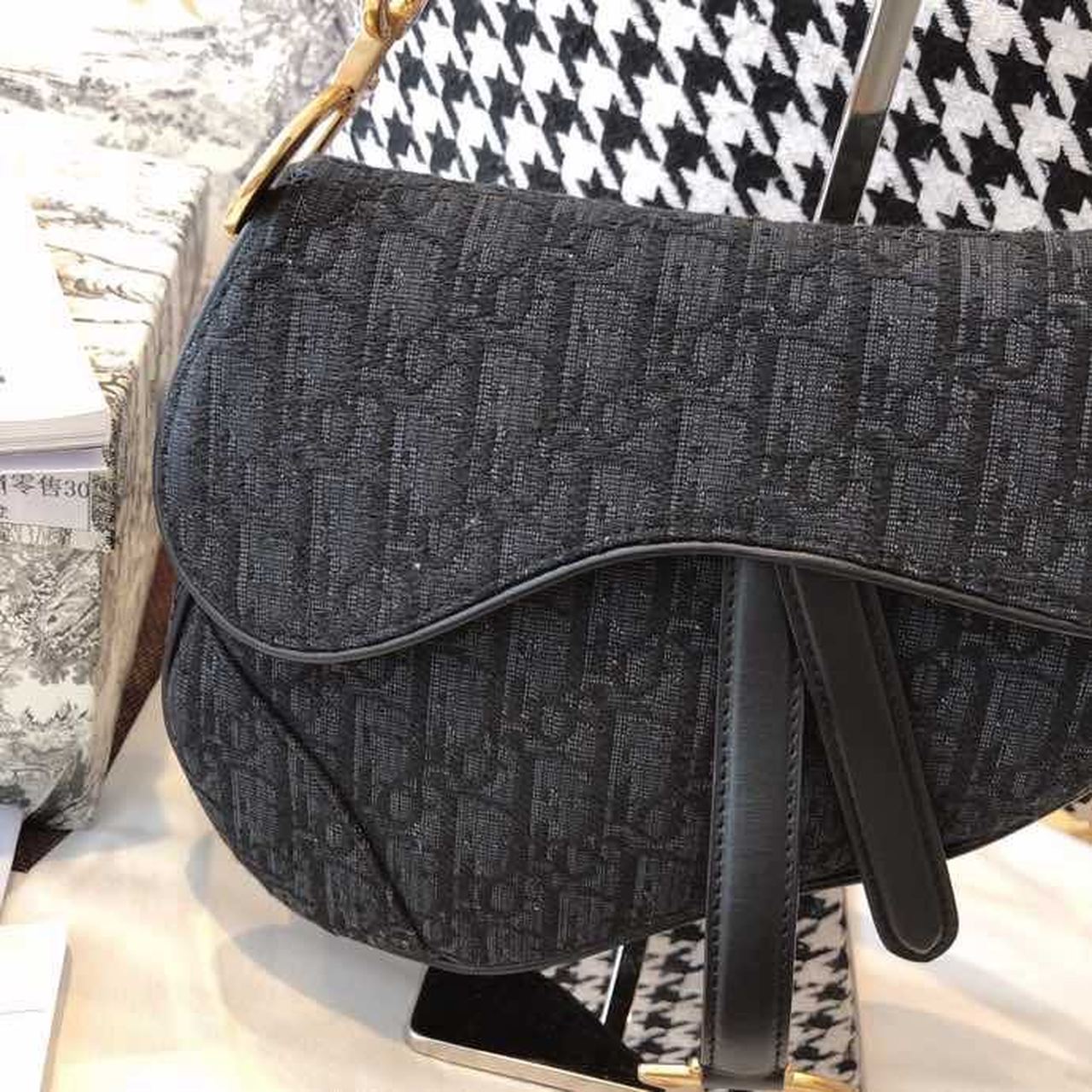 Christian Dior Saddle Bag Black Oblique Embroidered Canvas Gold Toned Hardware For Women 25cm/10in CD