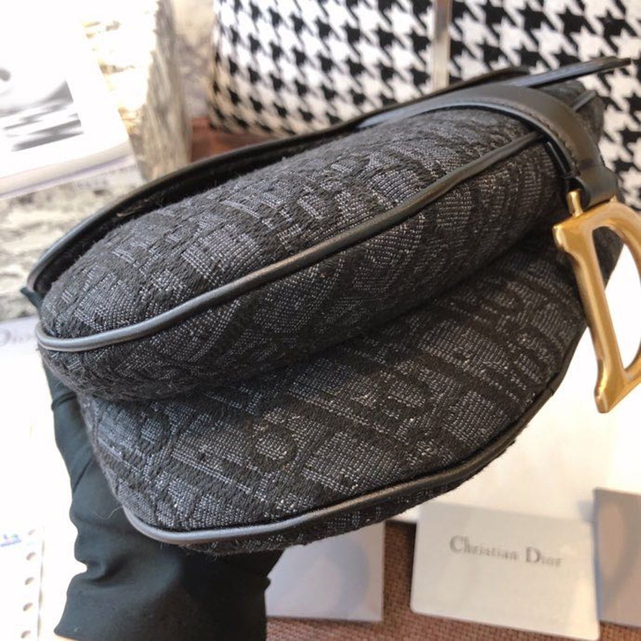 Christian Dior Saddle Bag Black Oblique Embroidered Canvas Gold Toned Hardware For Women 25cm/10in CD
