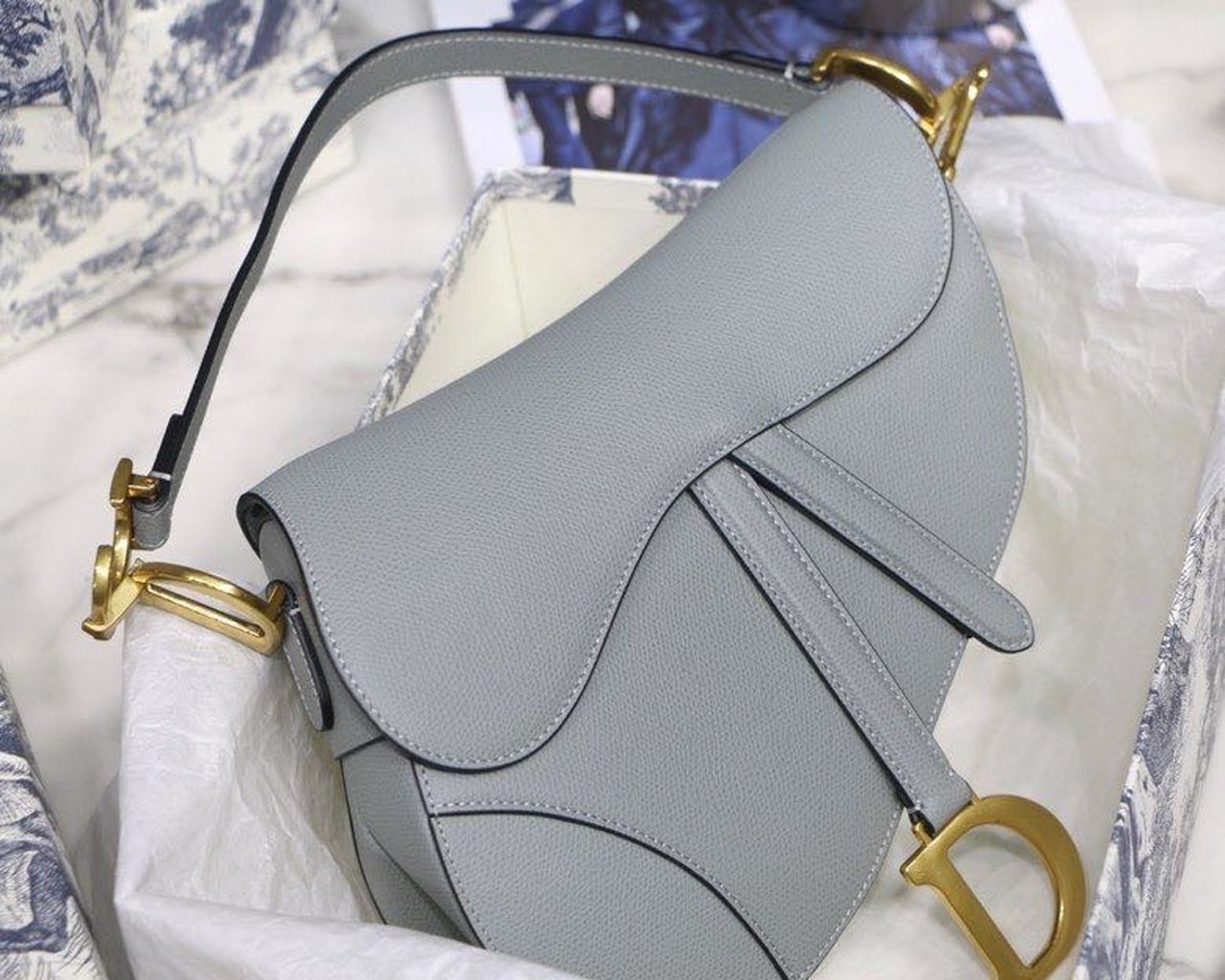 Christian Dior Saddle Bag Light Blue Grained Gold Toned Hardware For Women 25cm/10in CD