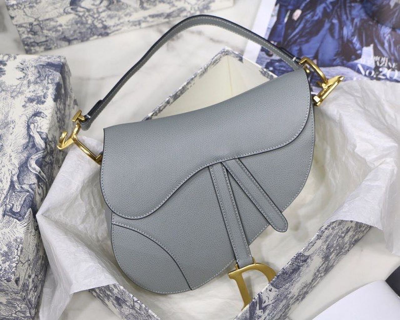Christian Dior Saddle Bag Light Blue Grained Gold Toned Hardware For Women 25cm/10in CD