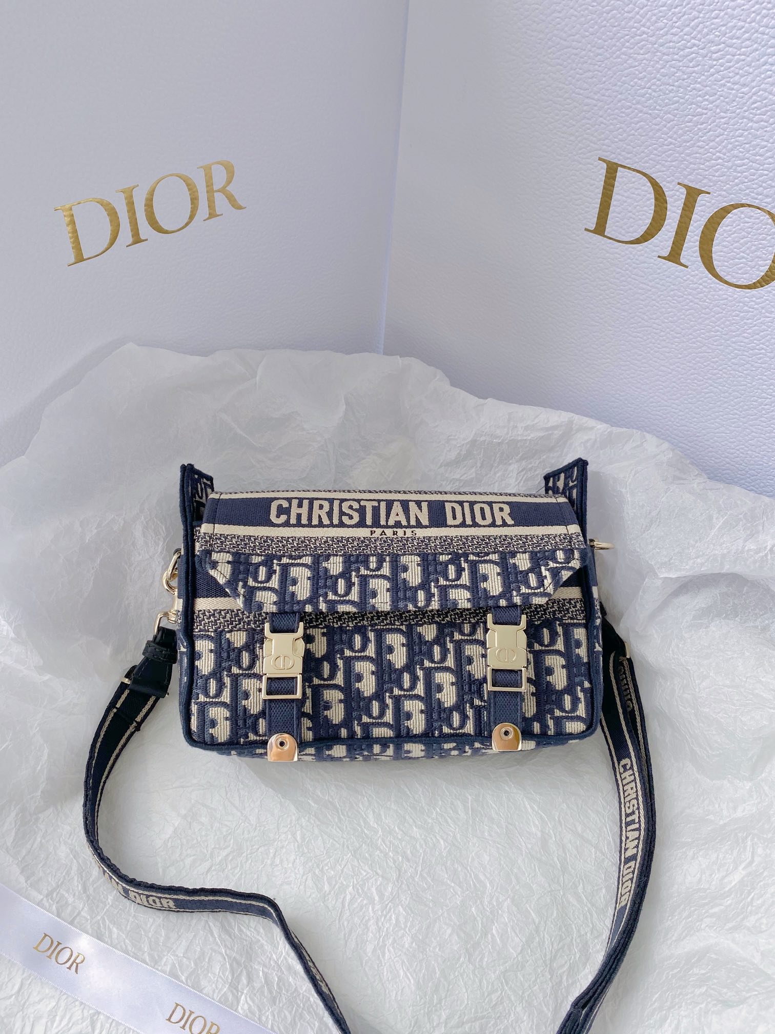 Christian Dior Small DIORCAMP Bag Blue Dior Oblique Embroidery, Blue, For Women Women’s Handbags, Shoulder Bags, Crossbody Bags, 23cm CDORIW_