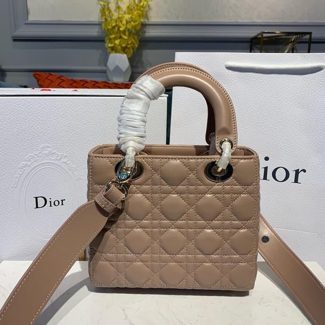 Christian Dior Small Lady Dior Bag Gold Toned Hardware Beige For Women 8in/20cm CD