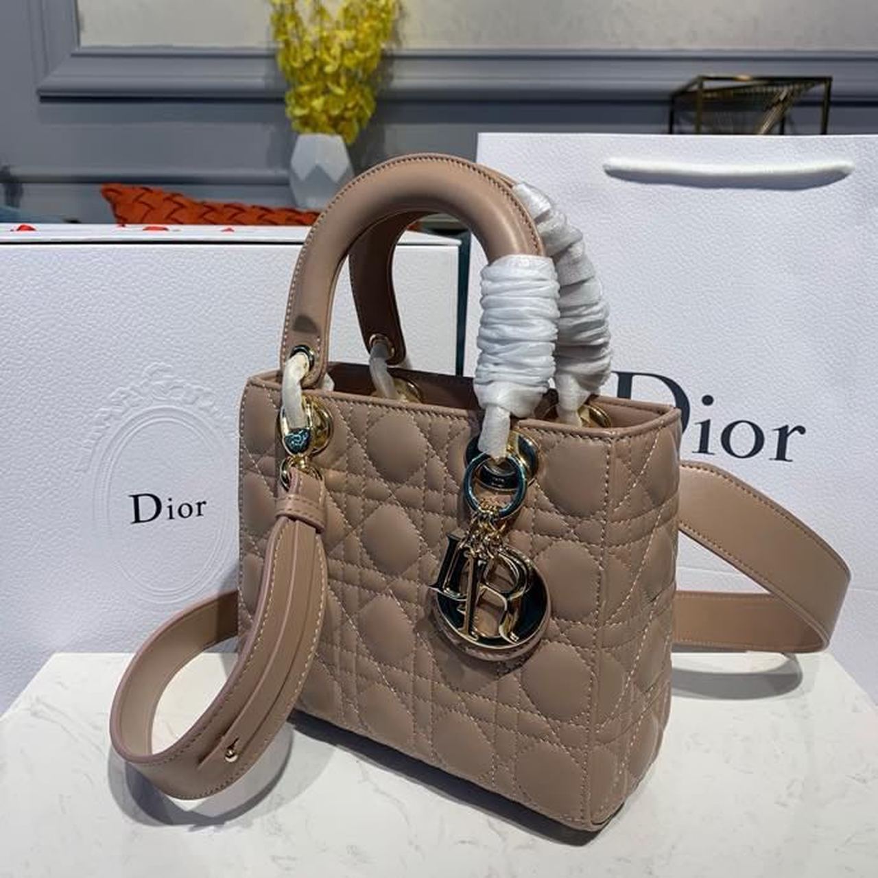 Christian Dior Small Lady Dior Bag Gold Toned Hardware Beige For Women 8in/20cm CD