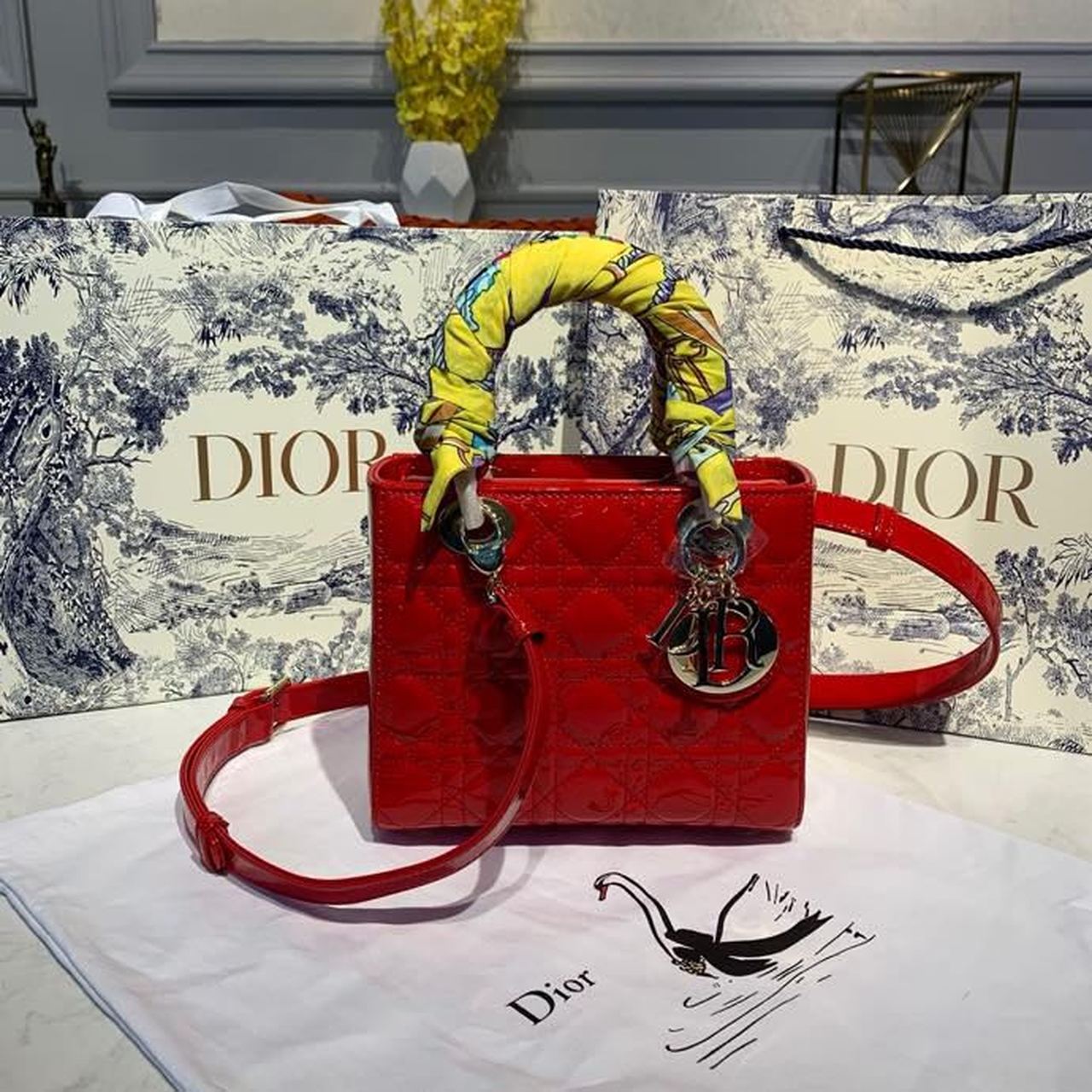 Christian Dior Small Lady Dior Bag Gold Toned Hardware Cherry Red Patent For Women 8in/20cm CDOWCB_