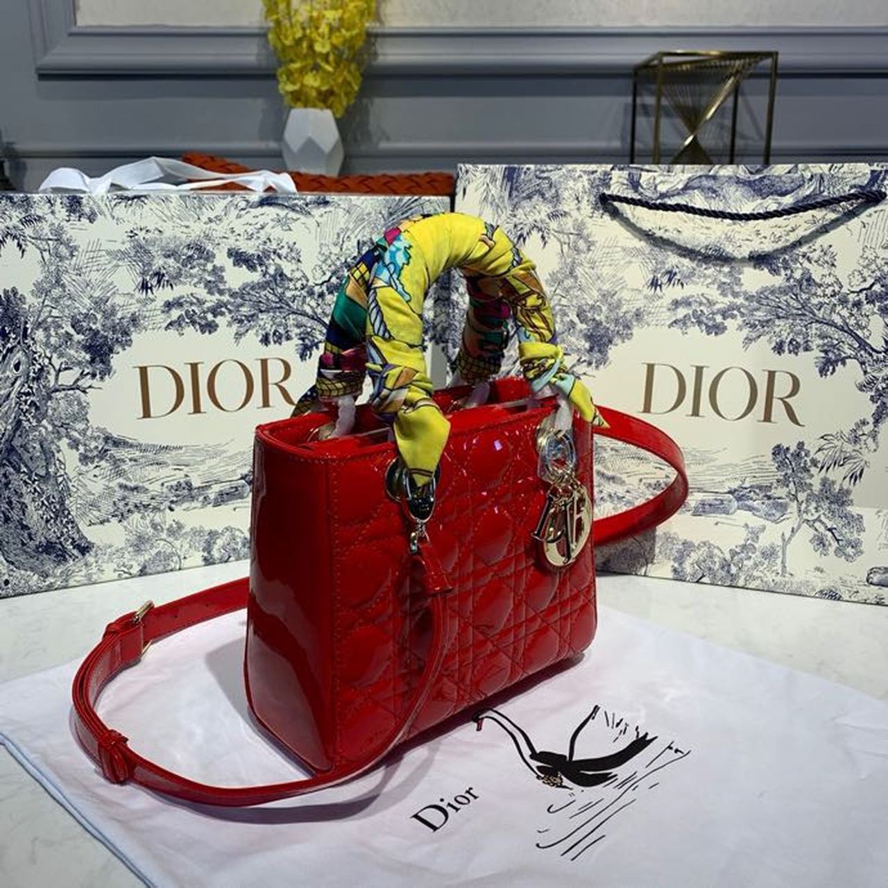 Christian Dior Small Lady Dior Bag Gold Toned Hardware Cherry Red Patent For Women 8in/20cm CDOWCB_