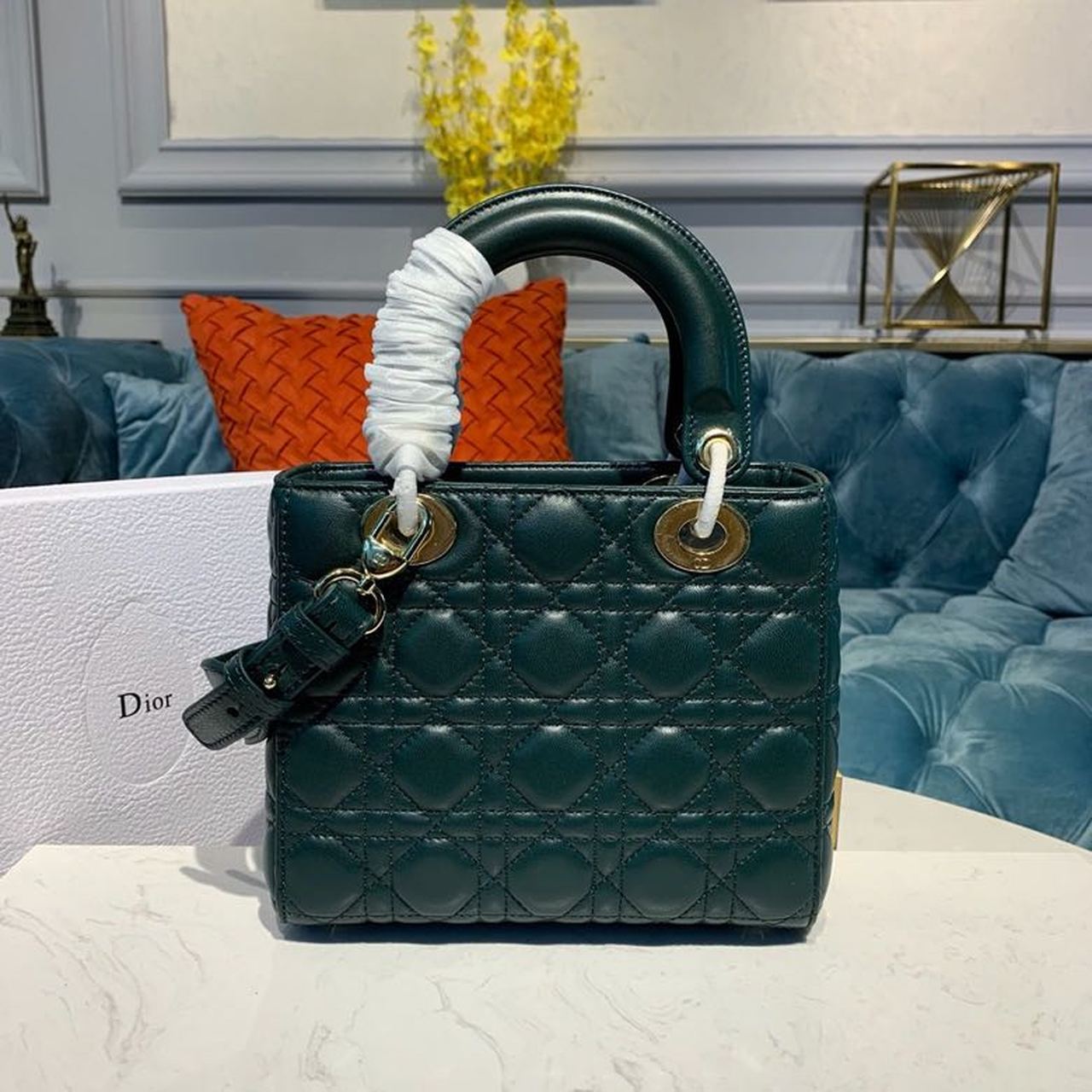 Christian Dior Small Lady Dior Bag Gold Toned Hardware Forest Green For Women 8in/20cm CD