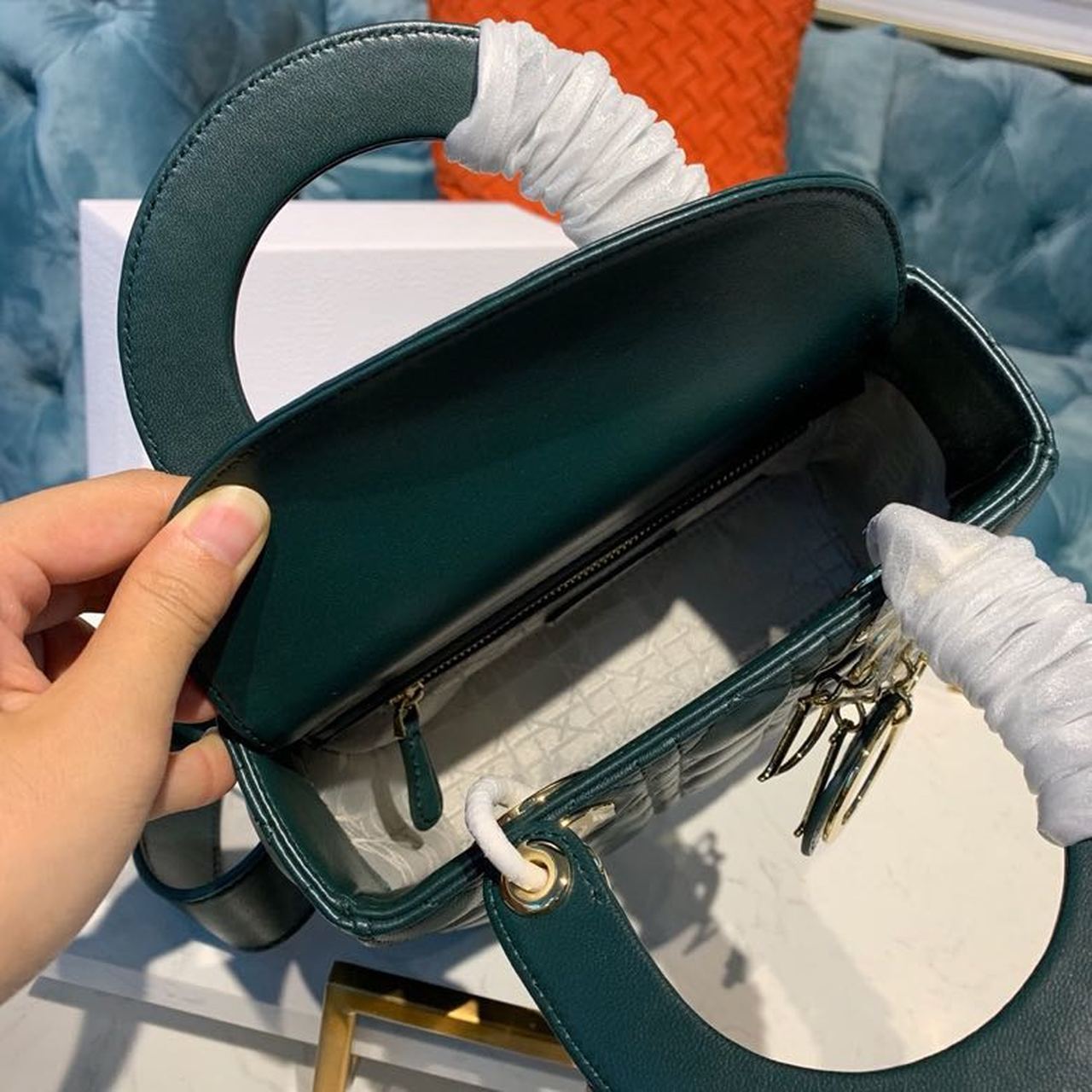 Christian Dior Small Lady Dior Bag Gold Toned Hardware Forest Green For Women 8in/20cm CD