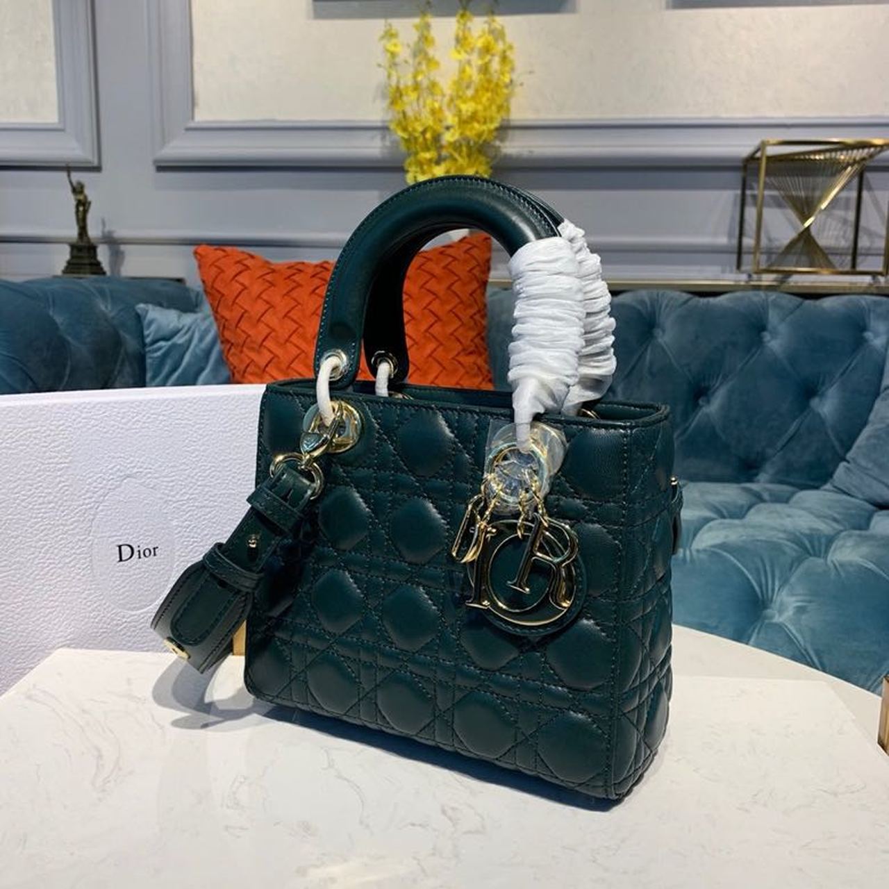 Christian Dior Small Lady Dior Bag Gold Toned Hardware Forest Green For Women 8in/20cm CD