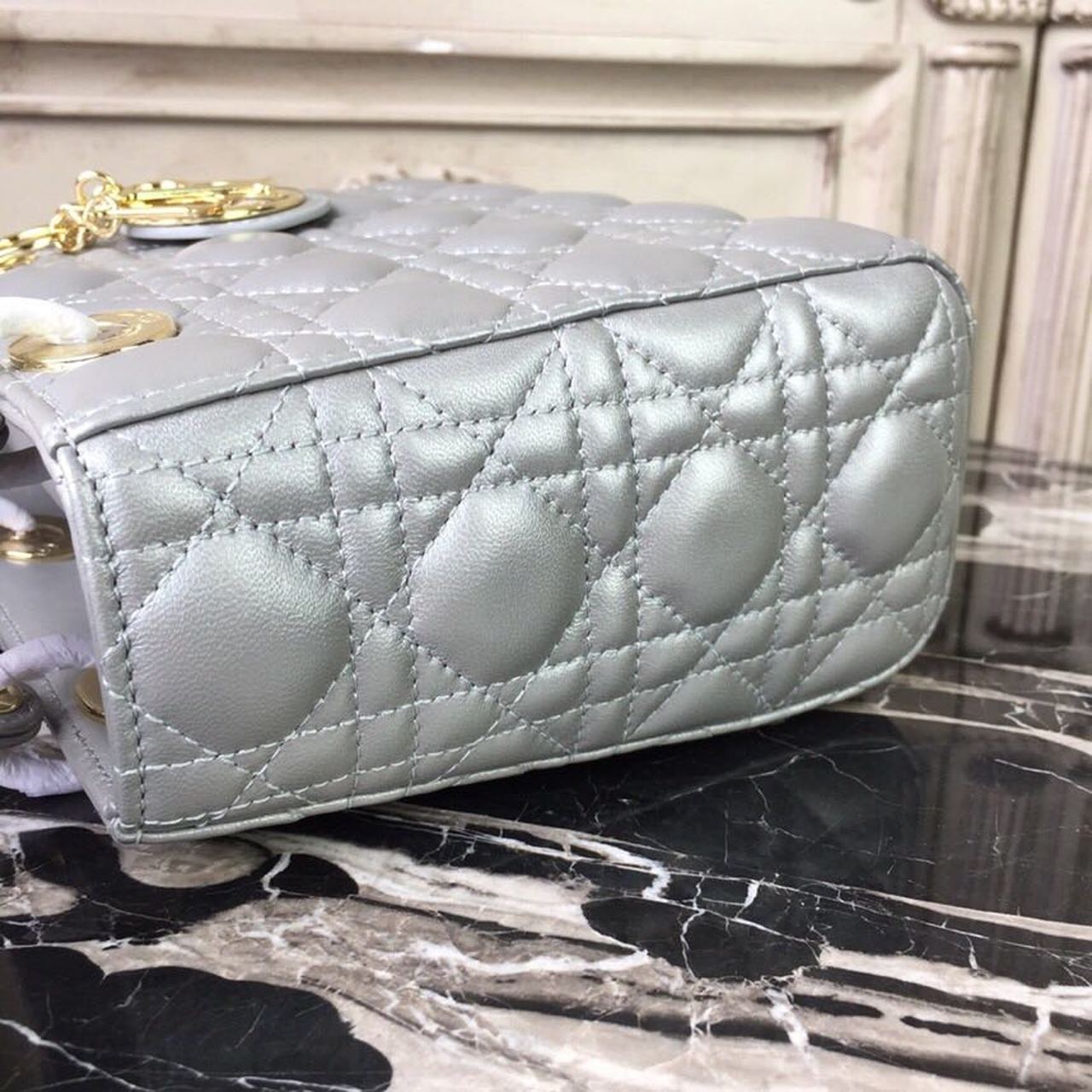 Christian Dior Small Lady Dior Bag Gold Toned Hardware Pearl Silver White For Women 8in/20cm CD
