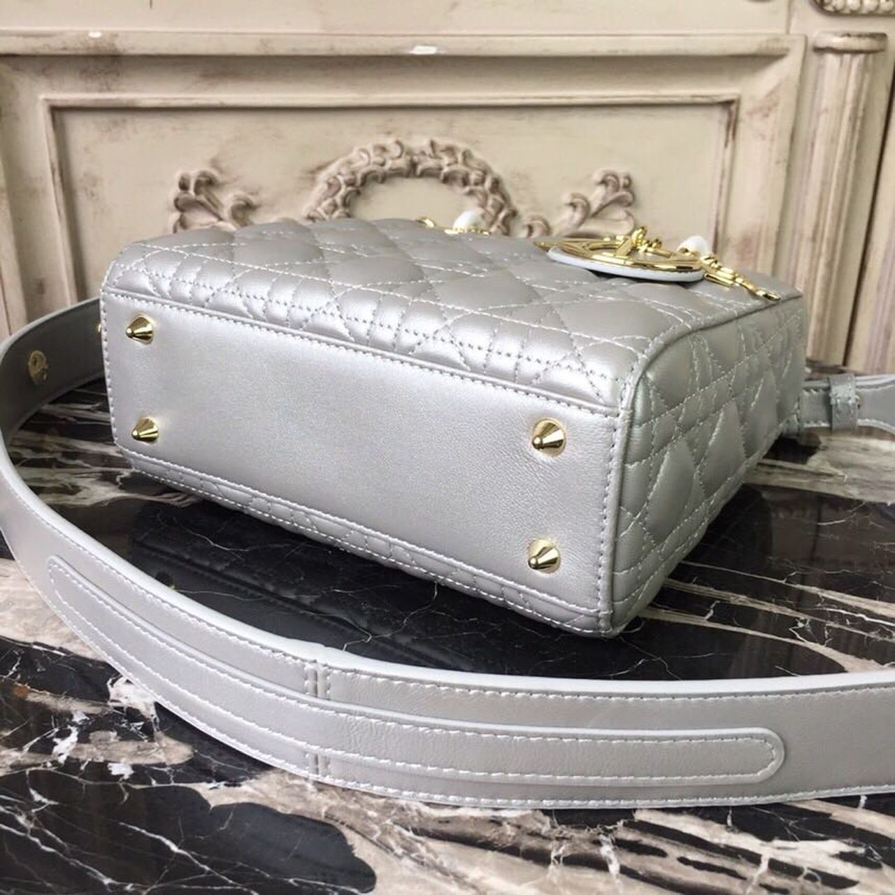Christian Dior Small Lady Dior Bag Gold Toned Hardware Pearl Silver White For Women 8in/20cm CD