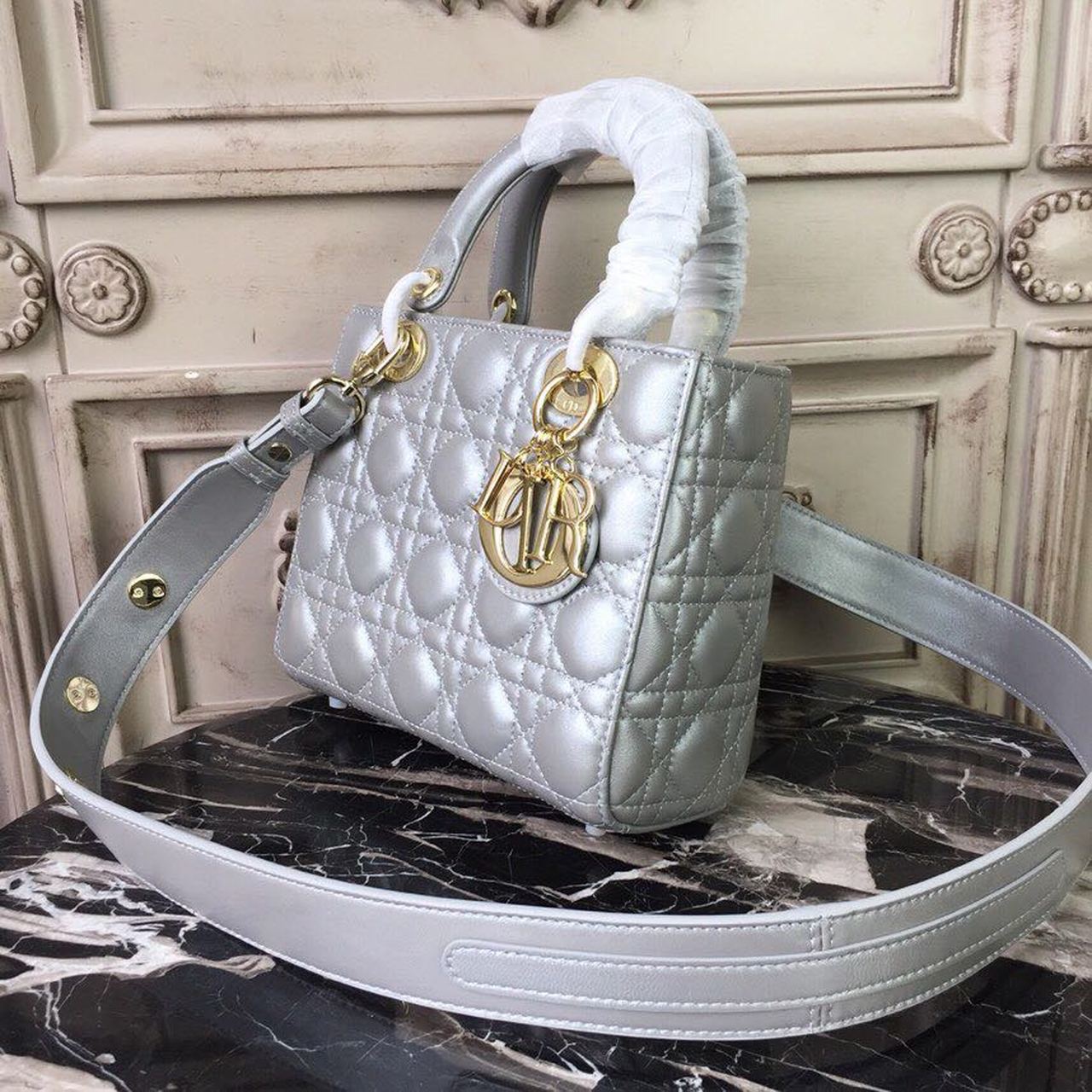 Christian Dior Small Lady Dior Bag Gold Toned Hardware Pearl Silver White For Women 8in/20cm CD
