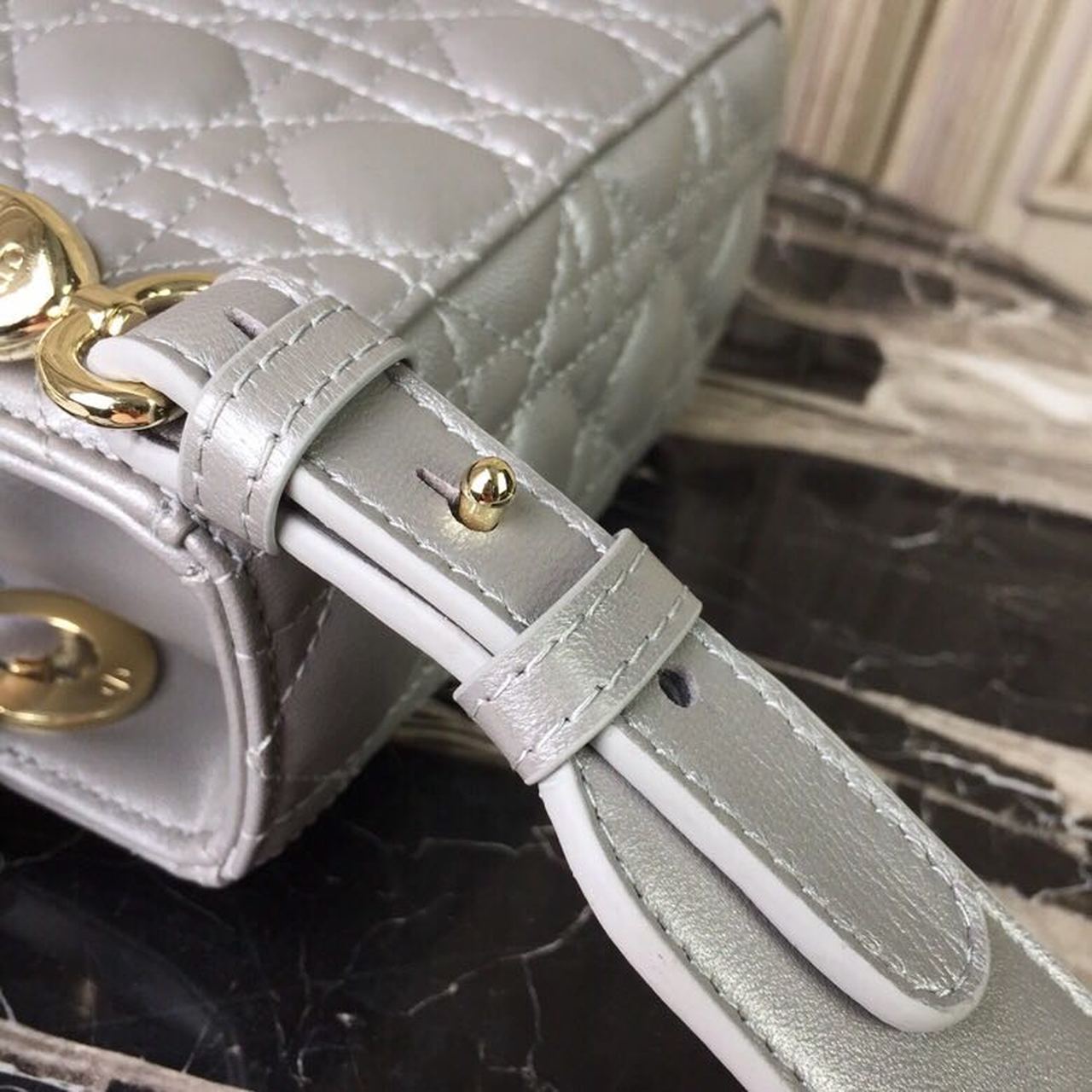 Christian Dior Small Lady Dior Bag Gold Toned Hardware Pearl Silver White For Women 8in/20cm CD