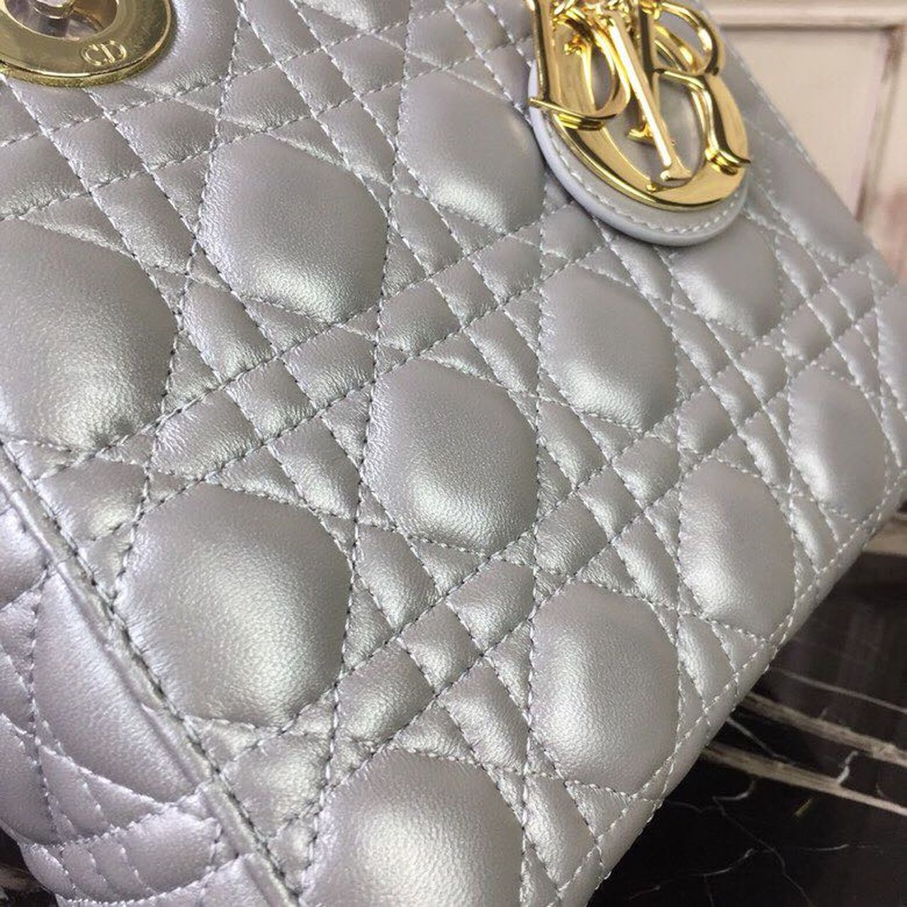 Christian Dior Small Lady Dior Bag Gold Toned Hardware Pearl Silver White For Women 8in/20cm CD