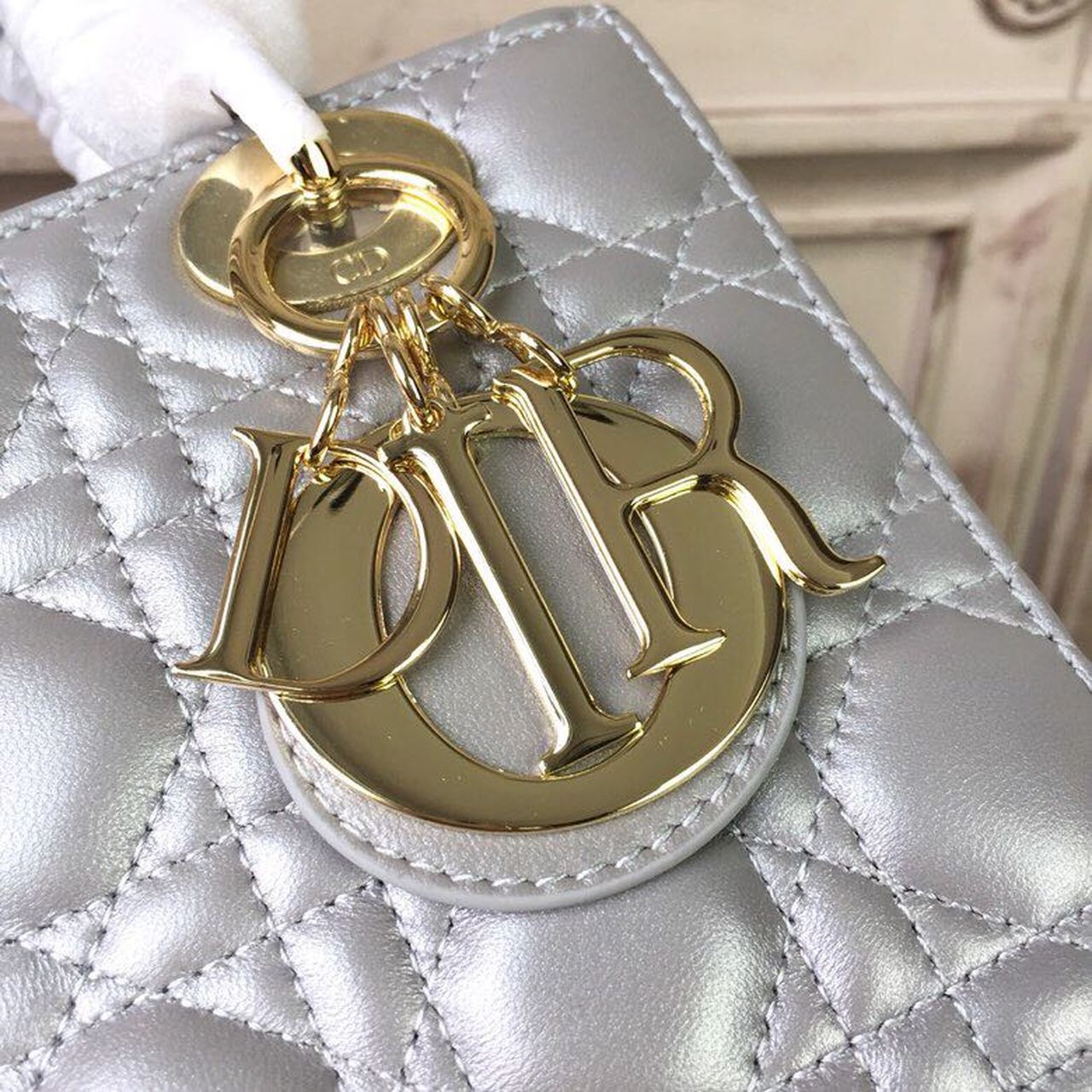 Christian Dior Small Lady Dior Bag Gold Toned Hardware Pearl Silver White For Women 8in/20cm CD