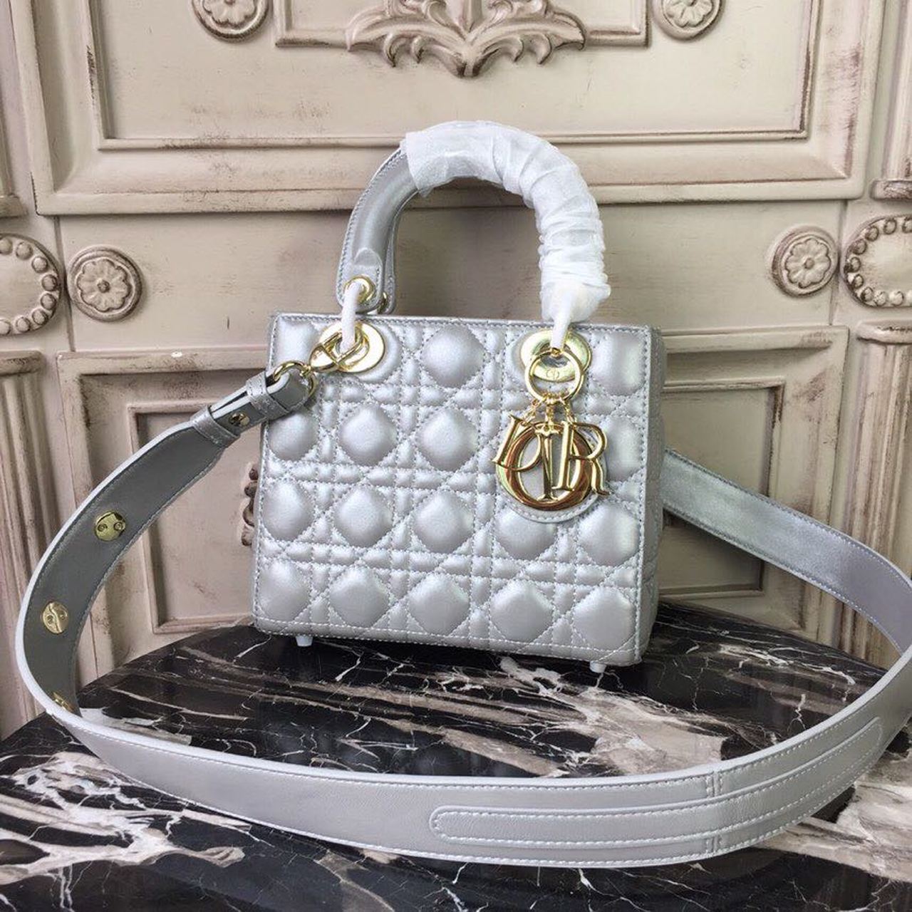 Christian Dior Small Lady Dior Bag Gold Toned Hardware Pearl Silver White For Women 8in/20cm CD