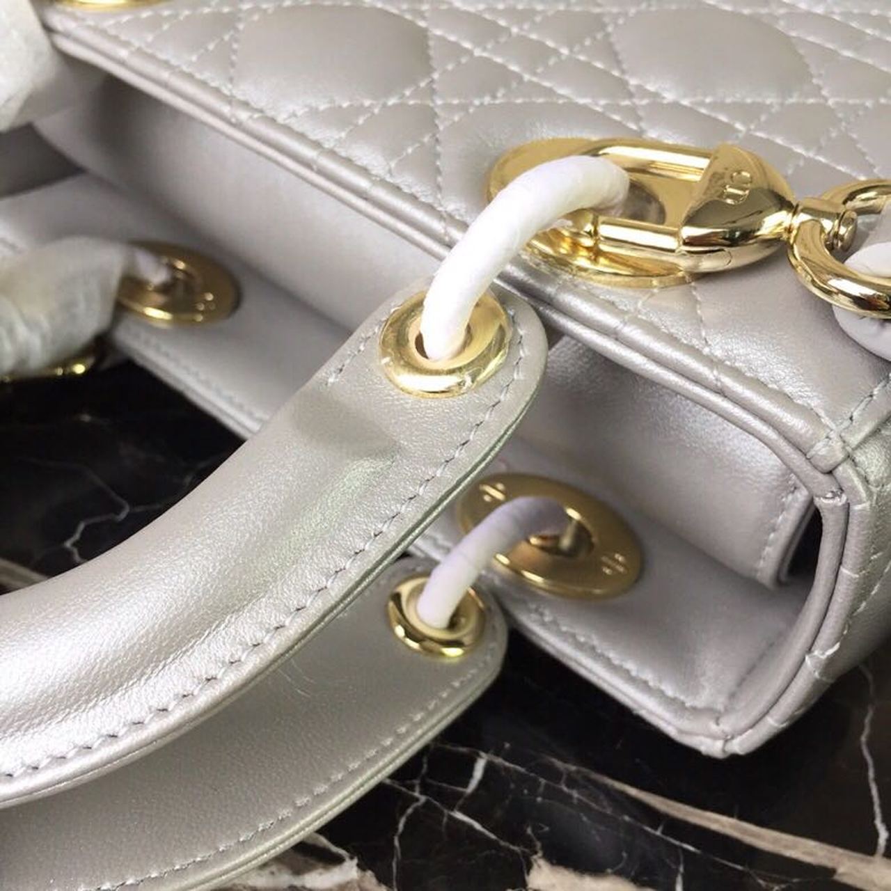 Christian Dior Small Lady Dior Bag Gold Toned Hardware Pearl Silver White For Women 8in/20cm CD